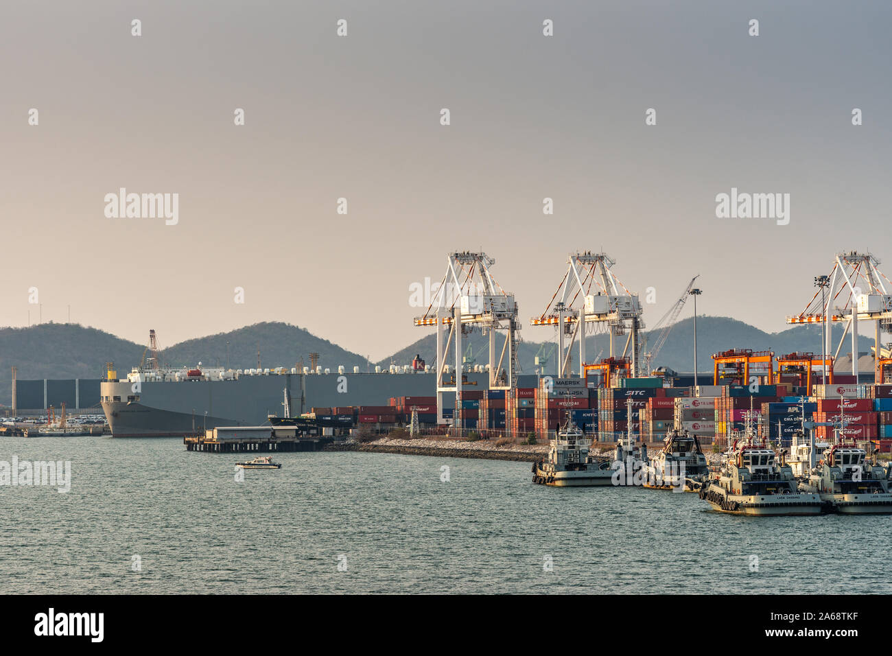 Laem Chabang Seehafen, Thailand - 17. März 2019: Große große graue Fahrzeuge transportieren Schiff hinter Container Terminal mit seiner Krane und Stapel von Farbe Stockfoto