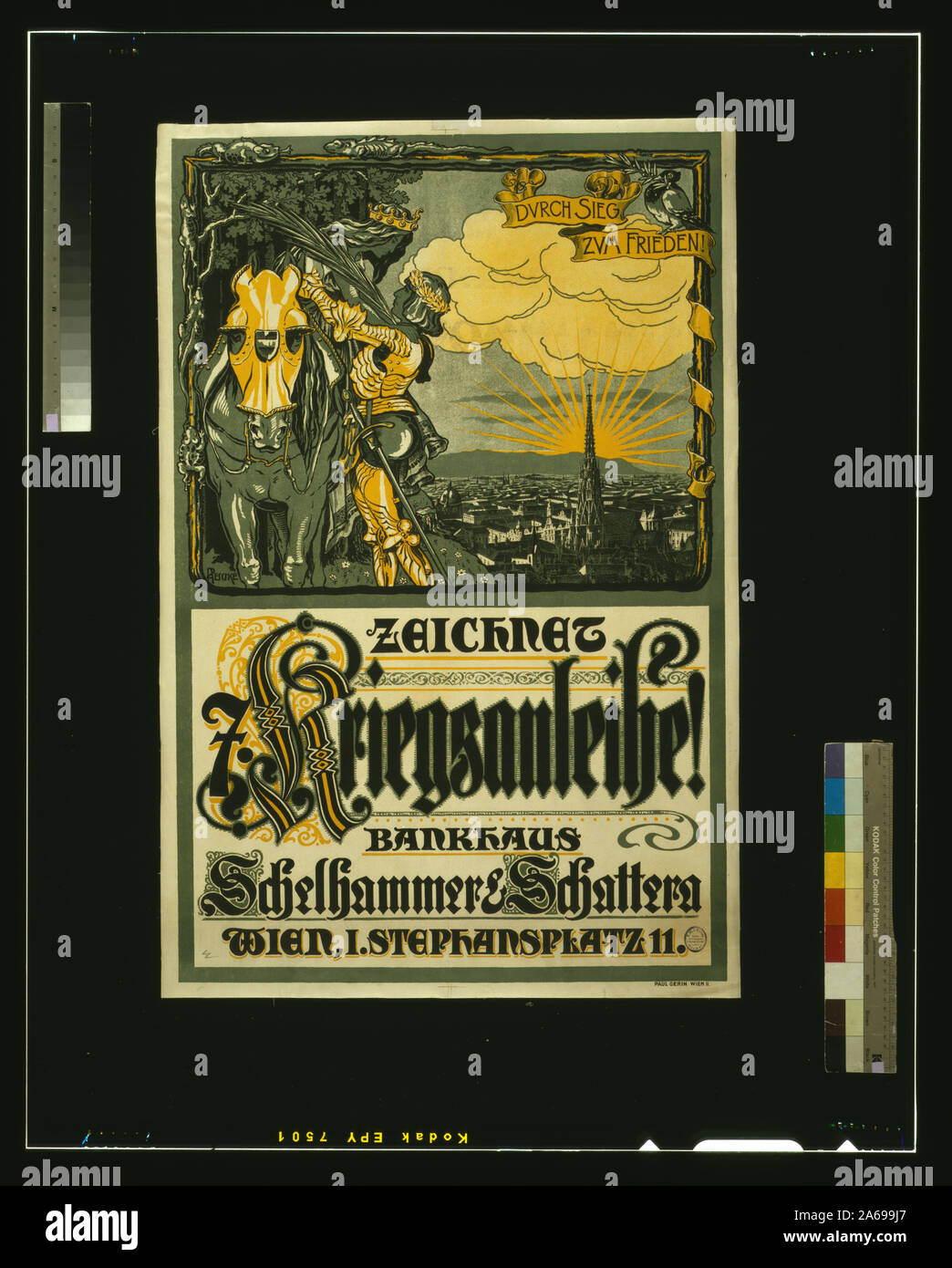 Zeichnet Kriegsanleihe! Abstract: Plakat zeigt gerahmtes Bild einer mittelalterlichen Ritter mit einem Lorbeerkranz auf dem Kopf bis eine Frau eine Krone trägt auf einem Pferd sitzt, um zu helfen. Im Hintergrund, Wien mit dem Stephansdom und der Slogan durch Sieg zum Frieden Frieden durch Sieg). Text: Abonnieren Sie den Krieg Darlehen, Bankhouse Schelhammer&Schattern. Stockfoto