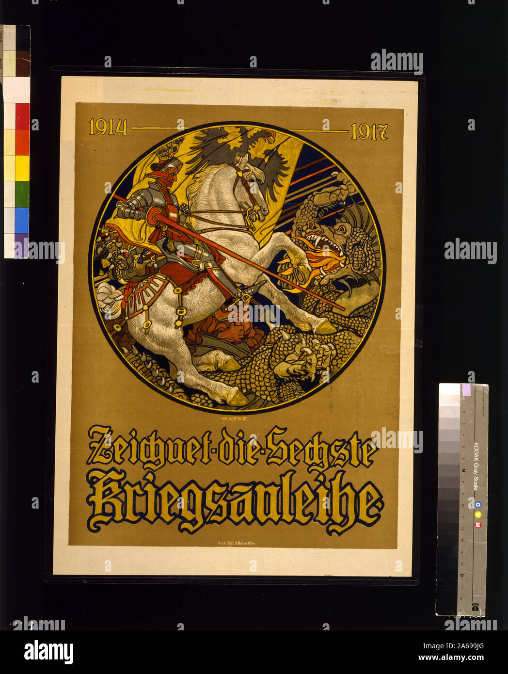 Die sechste zeichnet Kriegsanleihe, 1914-1917 Abstract: Plakat zeigt einen Ritter zu Pferd, mit dem österreichisch-ungarischen Fahne hinter ihm, Slaying ein Drache. Text: Abonnieren Sie den 6. Weltkrieg Darlehen. Stockfoto