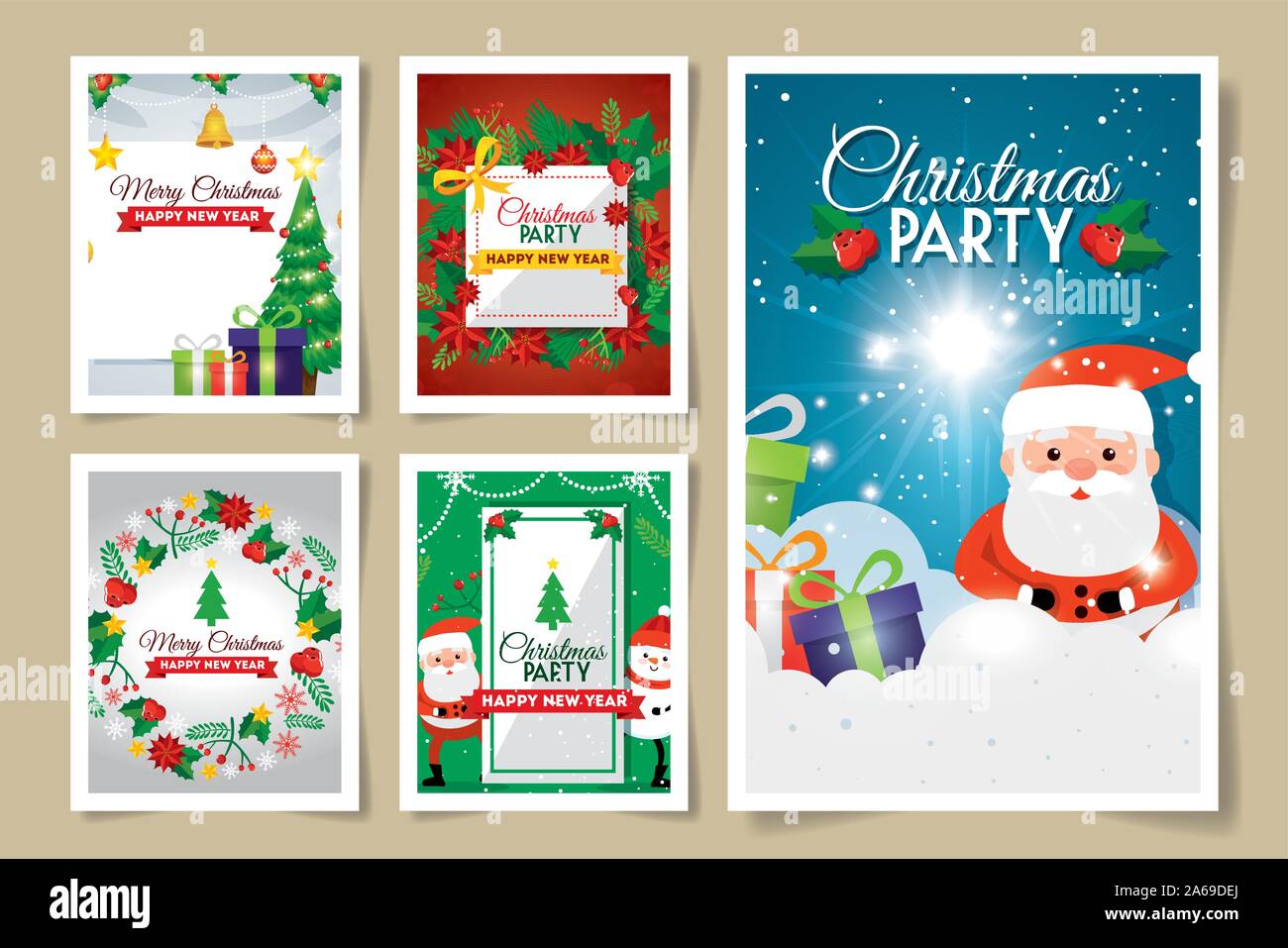 Set Karten frohe Weihnachten mit Dekoration Stock Vektor
