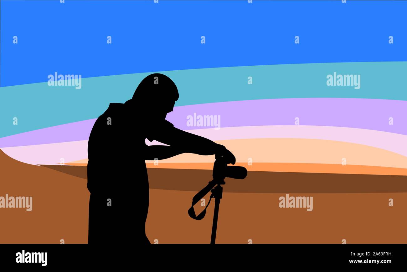 Silhouette der Fotograf nimmt Bild der Himmel und Wüste bei Sonnenaufgang durch die Kamera auf einem Stativ Stock Vektor