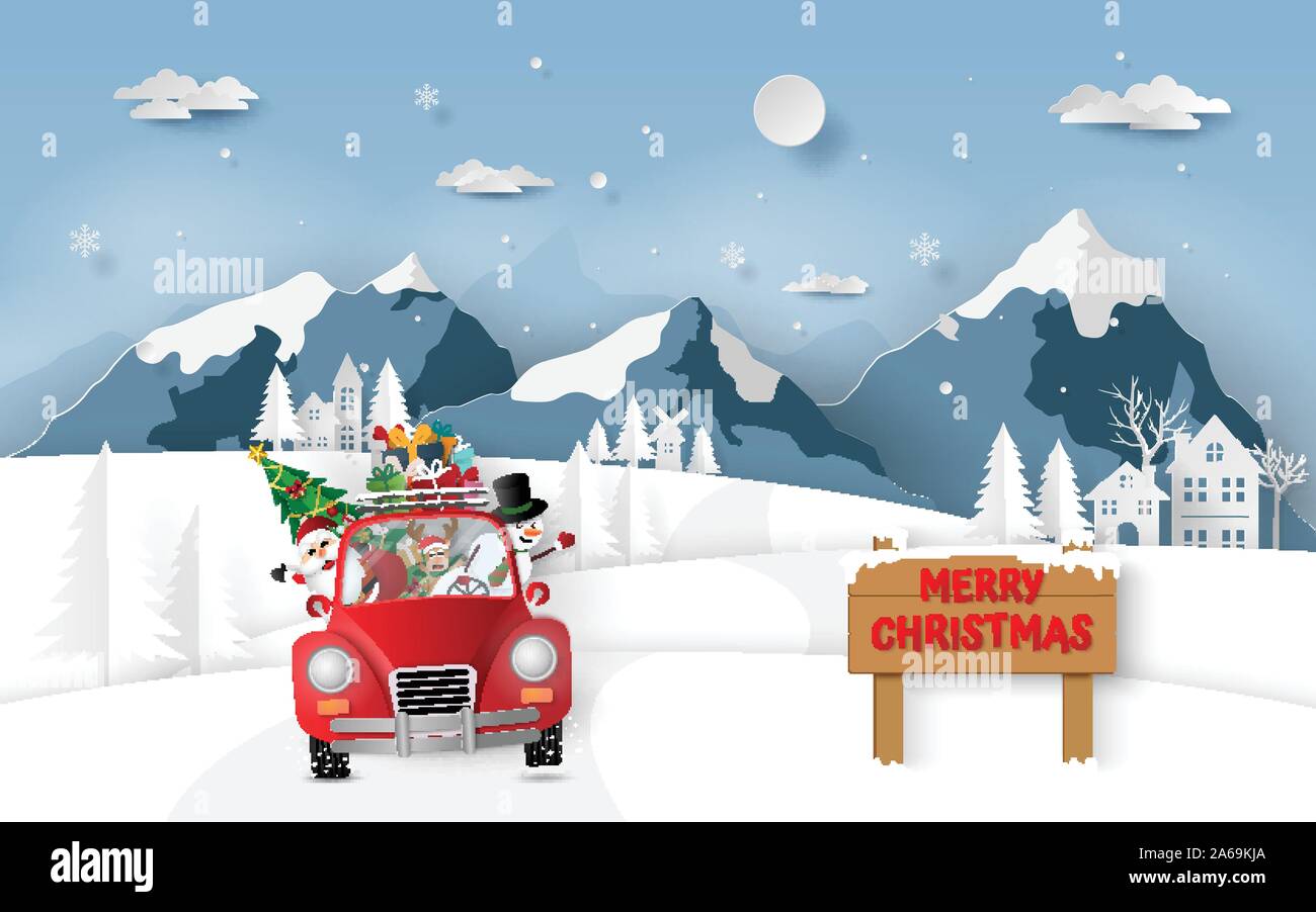 Papier Kunst, Handwerk Stil von Santa Claus und Freunde in rot Auto fahren durch das Dorf, frohe Weihnachten und ein glückliches Neues Jahr Stock Vektor