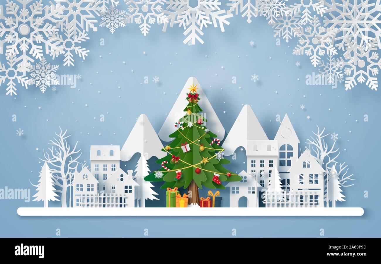 Origami Papier Kunst der Weihnachtsbaum im Dorf mit dem Berg, frohe  Weihnachten und ein glückliches Neues Jahr Stock-Vektorgrafik - Alamy