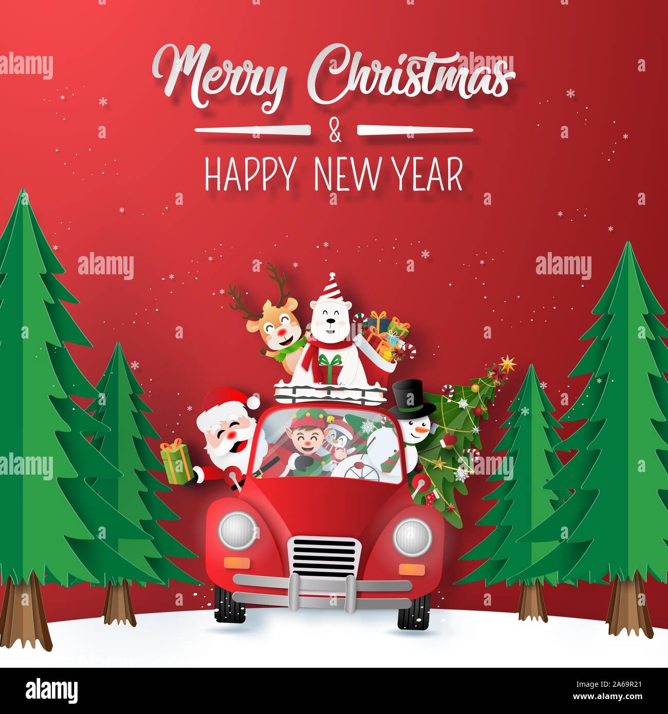 Origami Papier kunst von Santa Claus und Freund in rot Auto fahren durch den Wald, frohe Weihnachten und ein glückliches Neues Jahr Stock Vektor