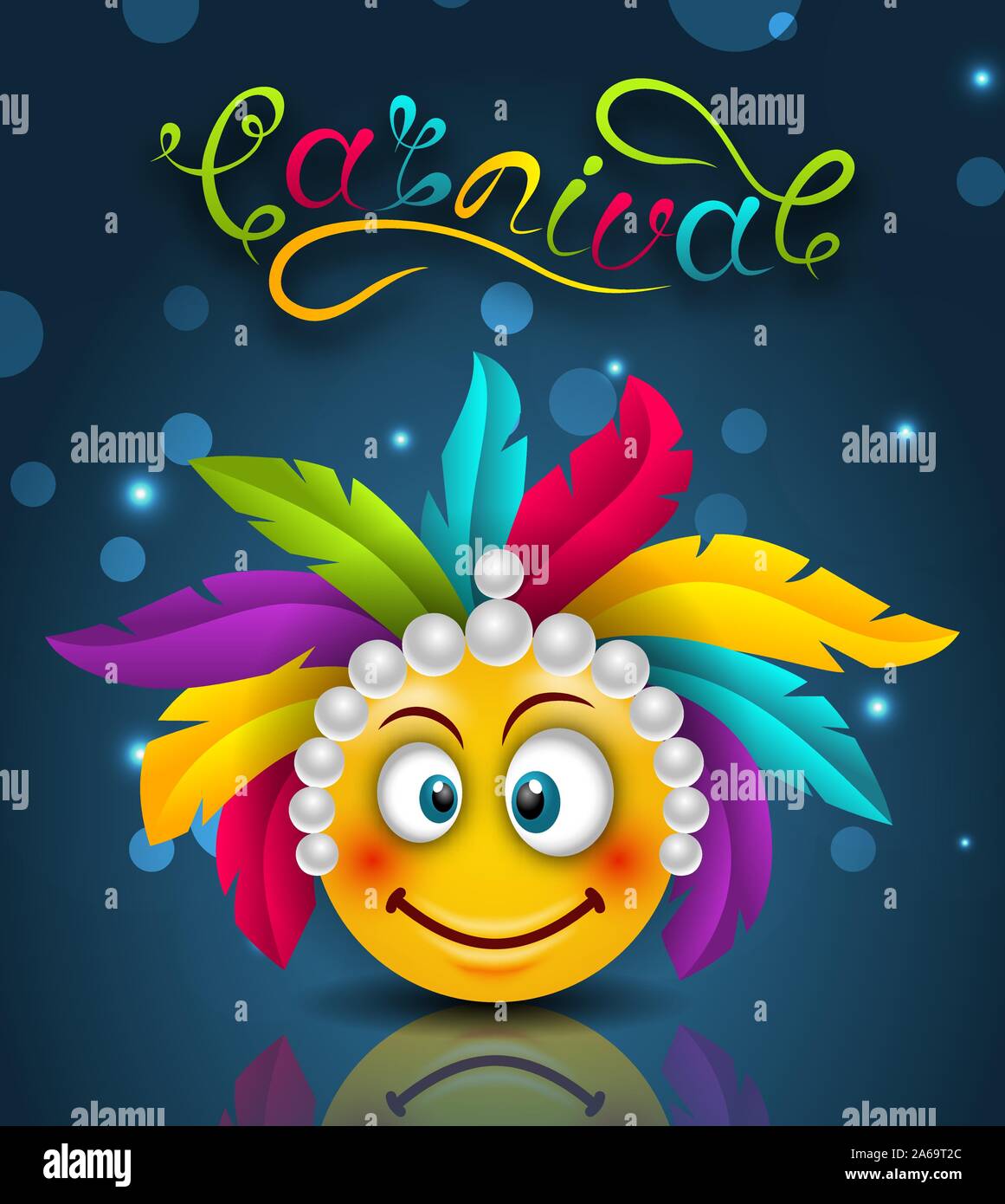 Happy Karneval festliche Schriftzug, Lächeln Emoji mit Federkopfschmuck -  Illustration Vektor Stock-Vektorgrafik - Alamy