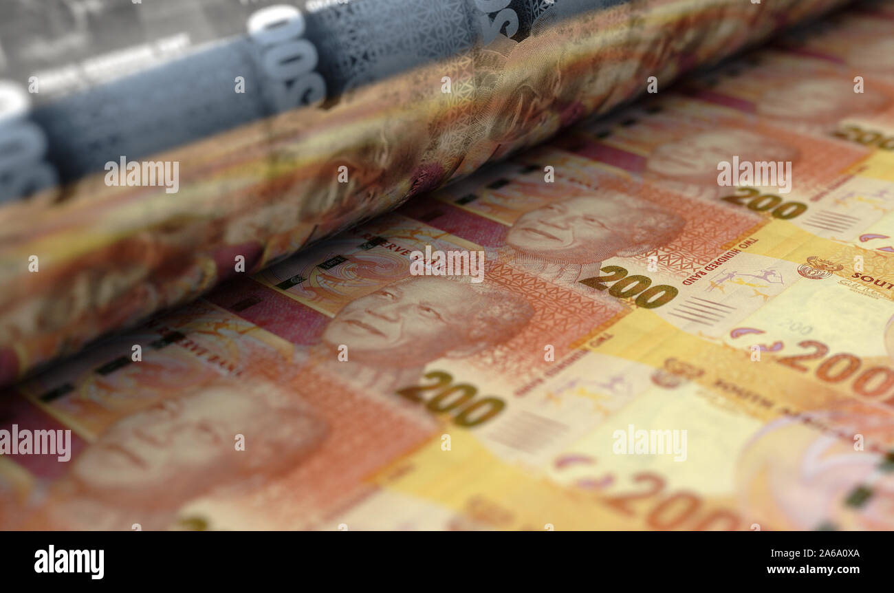 Ein Konzept, das Bild zeigt ein Blatt South African Rand Banknoten durch eine Rolle in der letzten Phase einer Auflage - 3D-Rendering Stockfoto