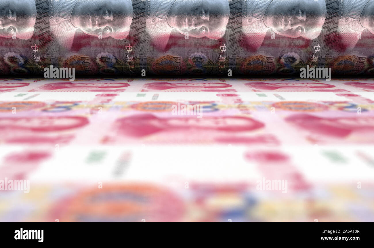 Ein Konzept, das Bild zeigt ein Blatt Chinese Yuan Renminbi Noten gehen durch eine Rolle in der letzten Phase einer Auflage - 3D-Rendering Stockfoto