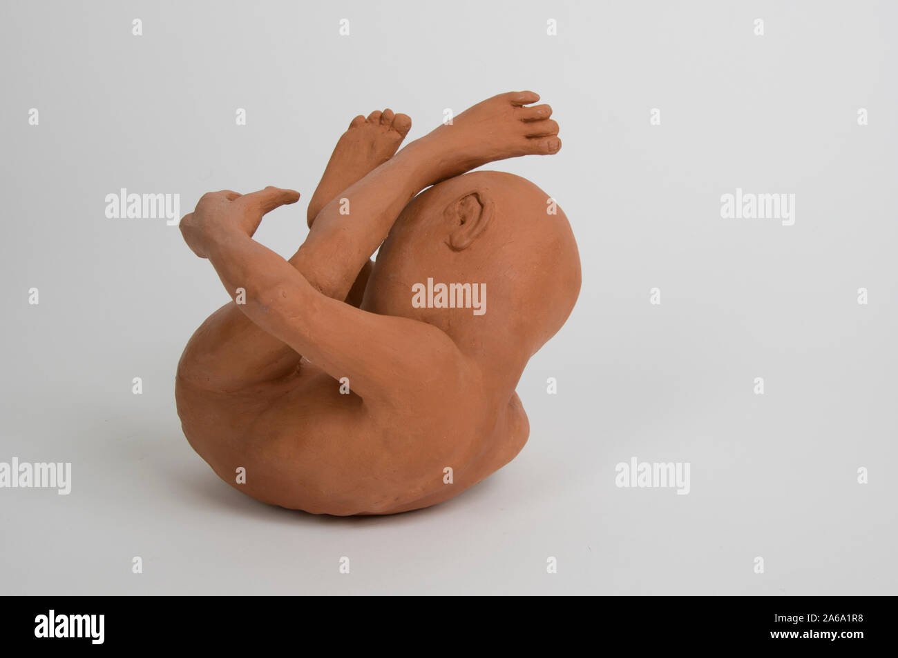 Kunstwerk Tonfigurenskulptur eines neugeborenen Babys, das sich in fetaler Position zusammengerollt hat Stockfoto