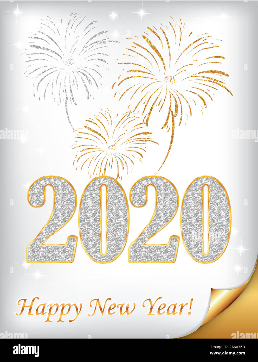 Frohes Neues Jahr 2020! Grußkarte für Print, mit klassischem Design: Feuerwerk auf silbernem Hintergrund. Stockfoto