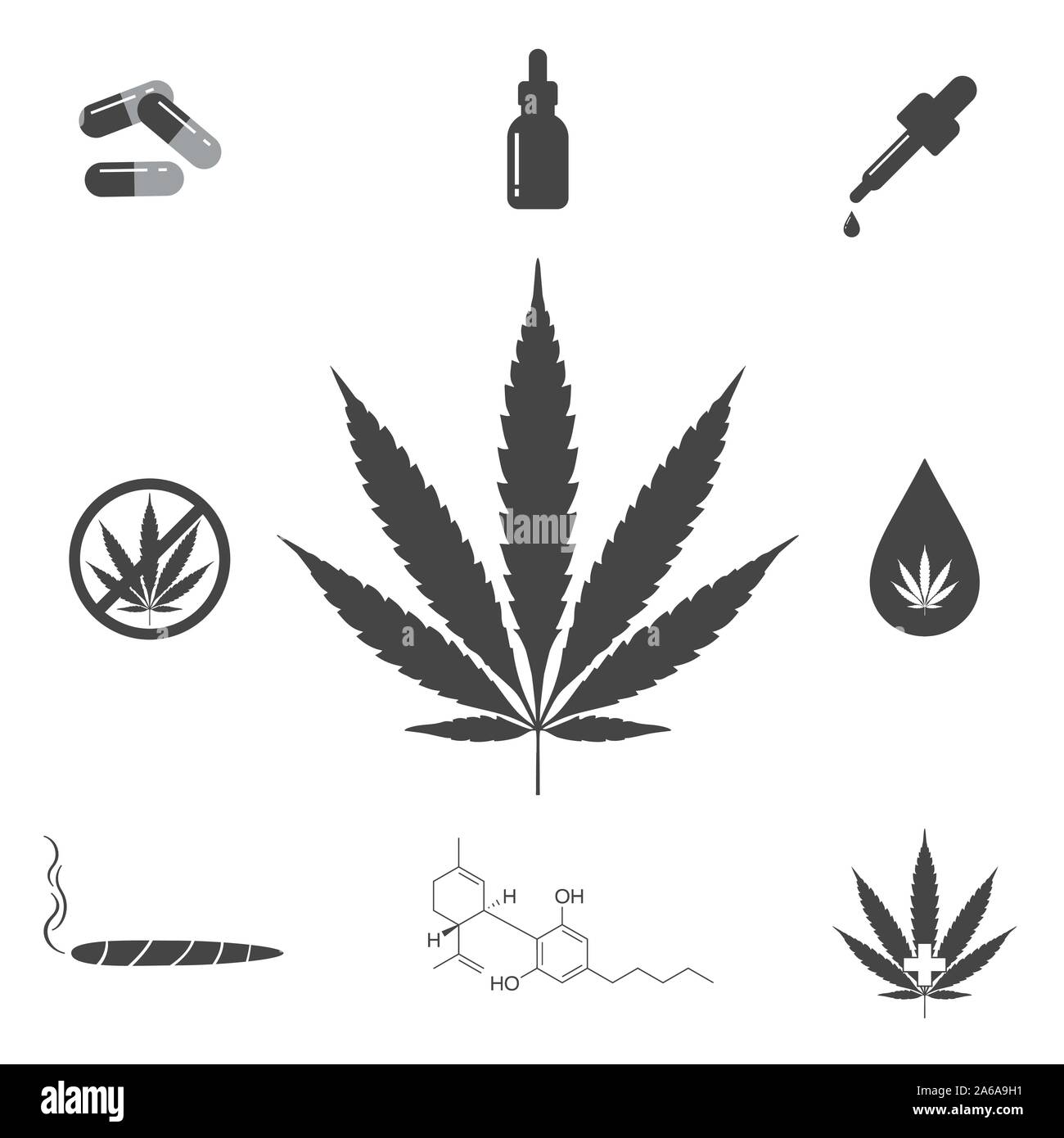 Marihuana cannabidiol CBD öl Vektor Icon im flachen Stil und in den Farben Schwarz und Weiß 9-teiliges Set Stock Vektor
