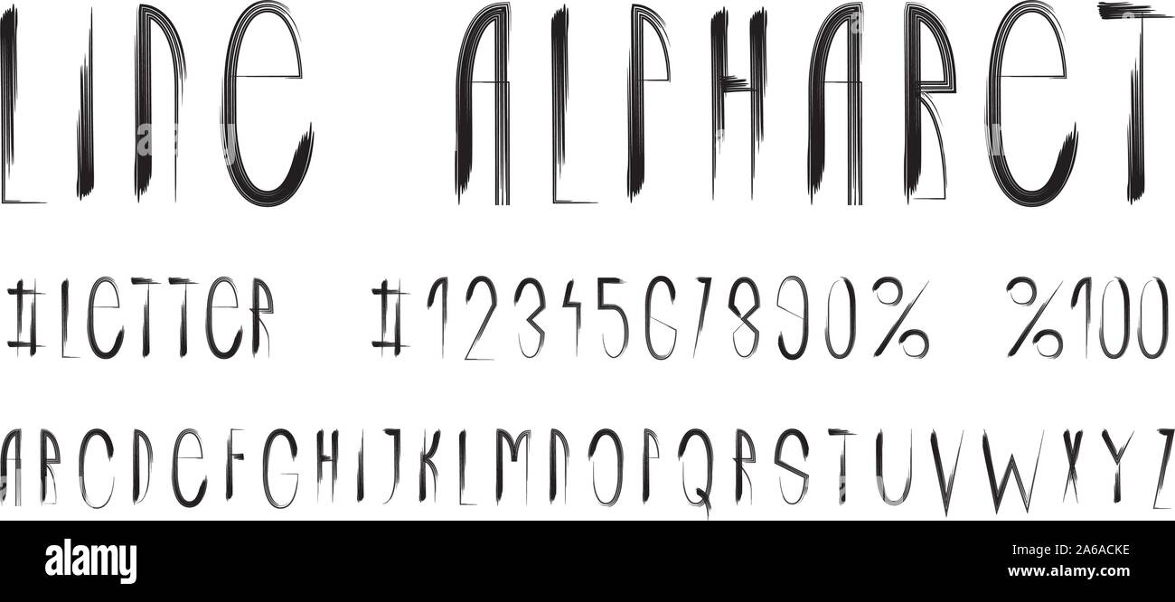 Line Alphabet. Satz von Buchstaben und Zahlen, die Schrift in der Art der Gravur. Vector Illustration Stock Vektor