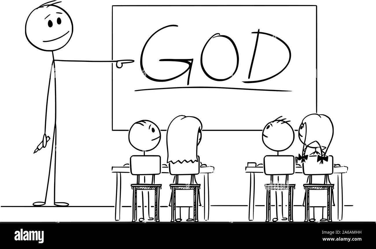 Vektor cartoon Strichmännchen Zeichnen konzeptionelle Darstellung der Lehrer im Klassenzimmer mit Marker in der Hand an Gottes Wort auf dem Whiteboard geschrieben zeigt. Stock Vektor