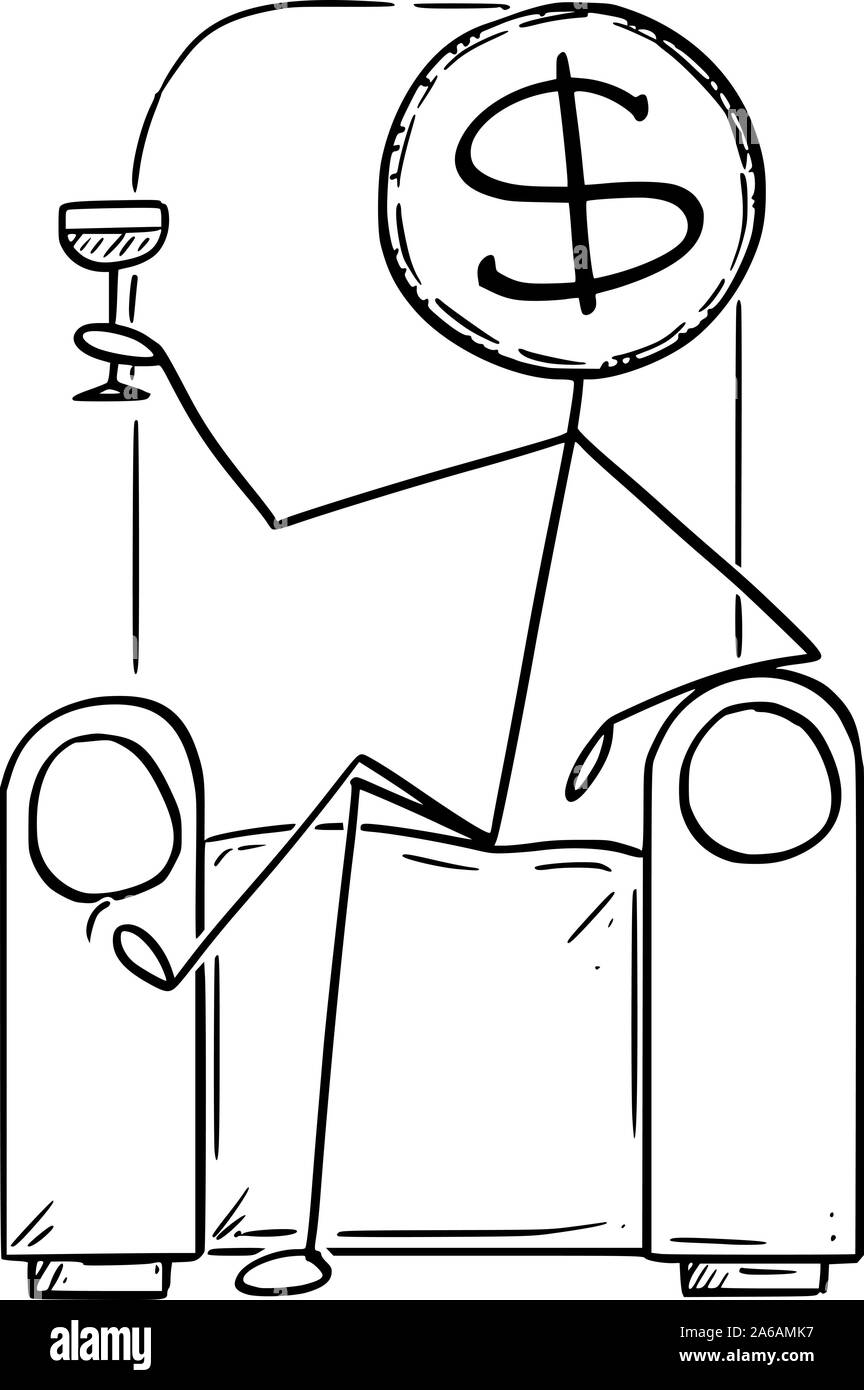 Vektor cartoon Strichmännchen Zeichnen konzeptionelle Darstellung der erfolgreichen reichen Mann oder Geschäftsmann, mit Dollar Münze anstelle von Kopf im Stuhl sitzen und trinken Glas. Stock Vektor