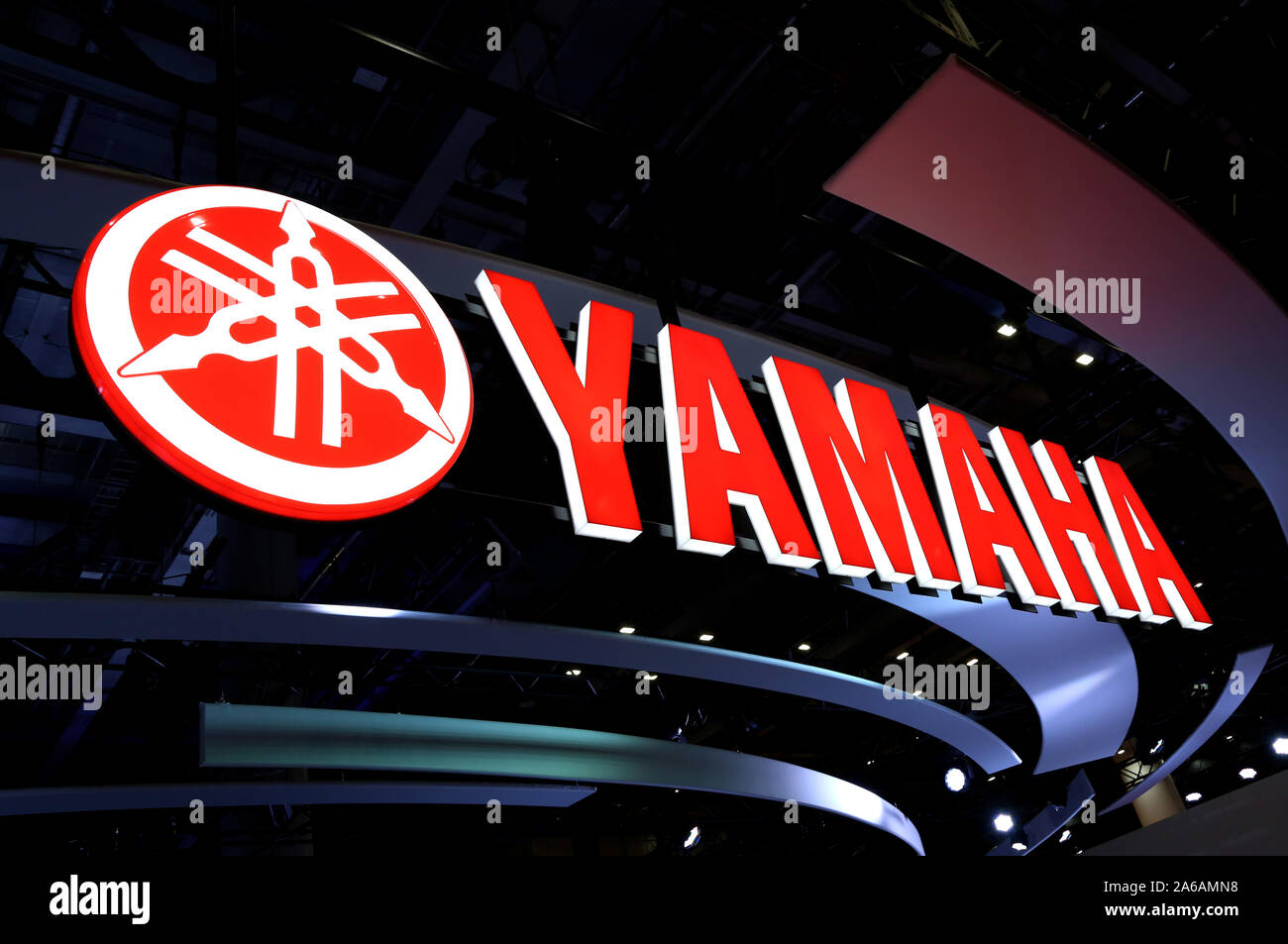 Tokio, Japan. 23 Okt, 2019. Yamaha Logo an der Presse Tag der 46. Tokyo Motor Show 2019 auf der Tokyo Big Sight Ausstellungszentrum. Tokio, 23.10.2019 | Verwendung der weltweiten Kredit: dpa/Alamy leben Nachrichten Stockfoto