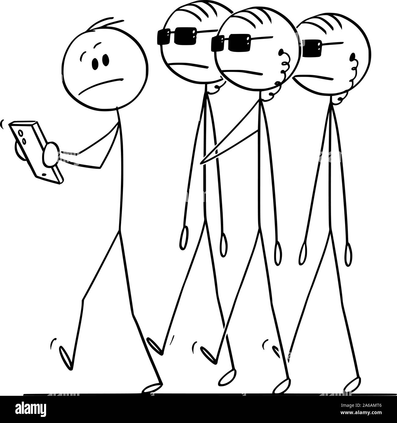 Vektor cartoon Strichmännchen Zeichnen konzeptionelle Darstellung der Mann mit Handy gefolgt und von der Regierung Secret Service Agenten Spione oder gesteuert. Begriff der Privatsphäre. Stock Vektor