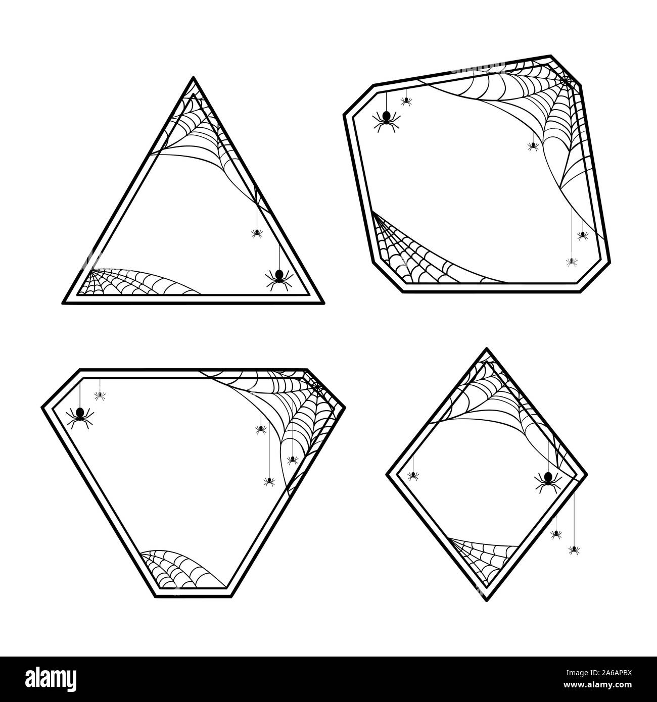 Halloween geometrischen Rahmen mit Spiderweb, hängende Spinnen Spinnen sitzen. Vector Illustration Design Elemente. Stock Vektor