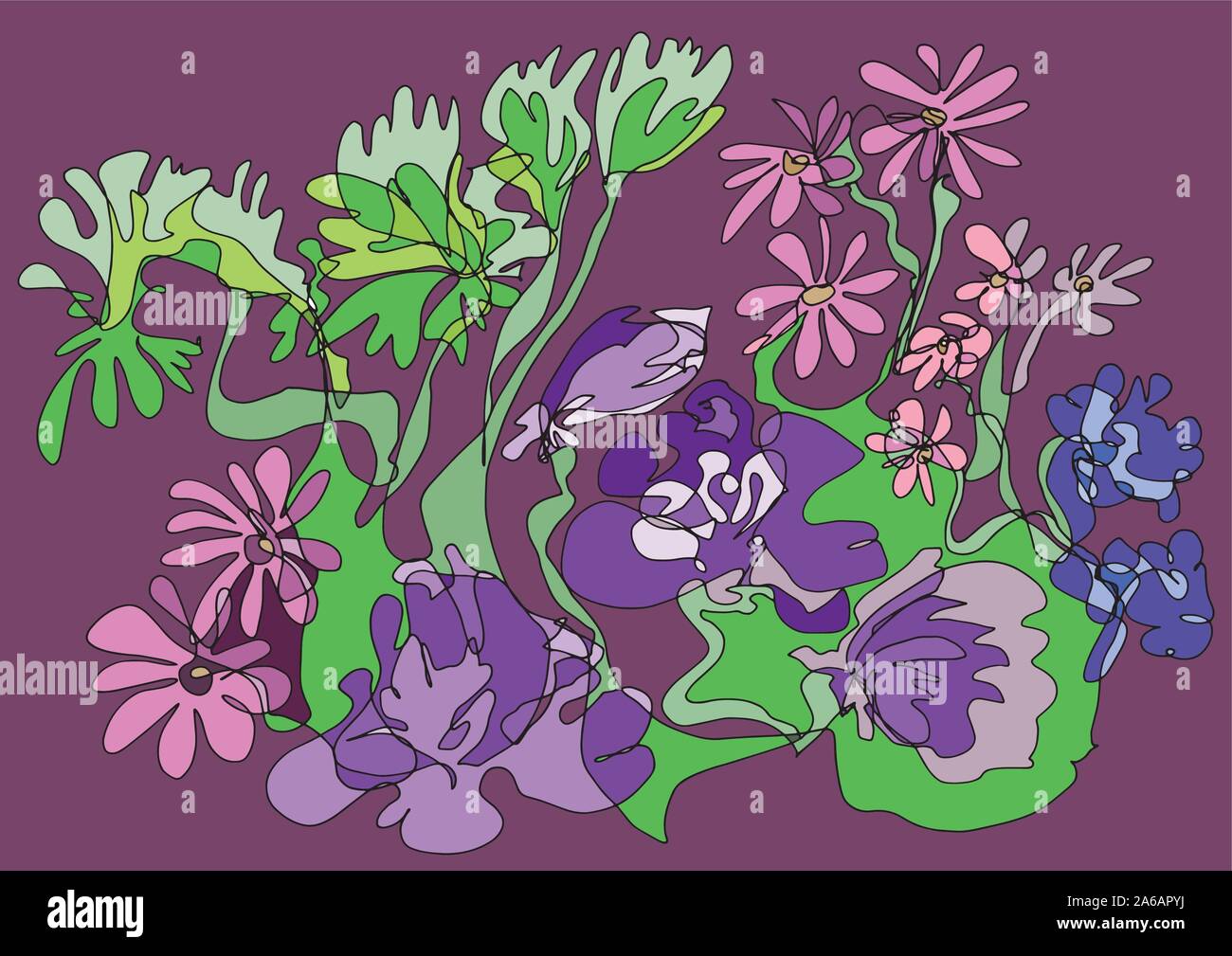 Lila Geheimnis der Blumen Harmonie: dekoratives Kunstwerk kann als Grußkarte, Hintergrund, dekorative Stoffdessin, Hintergrundbild verwendet werden. Stock Vektor