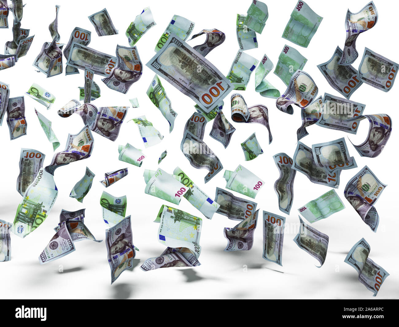 Neue hundert Dollar und hundert Euro-Banknoten fallen auf dem Boden 3D-Render auf weißem Hintergrund mit Schatten Stockfoto