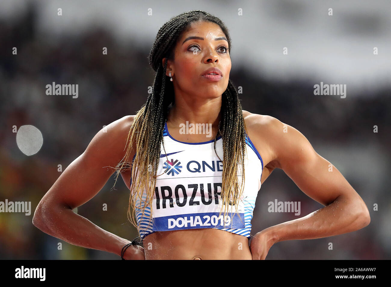 Großbritanniens Abigail Irozuru in der Frauen Weitsprung bei Tag zehn der IAAF Weltmeisterschaften am Khalifa International Stadium, Doha, Katar. Stockfoto