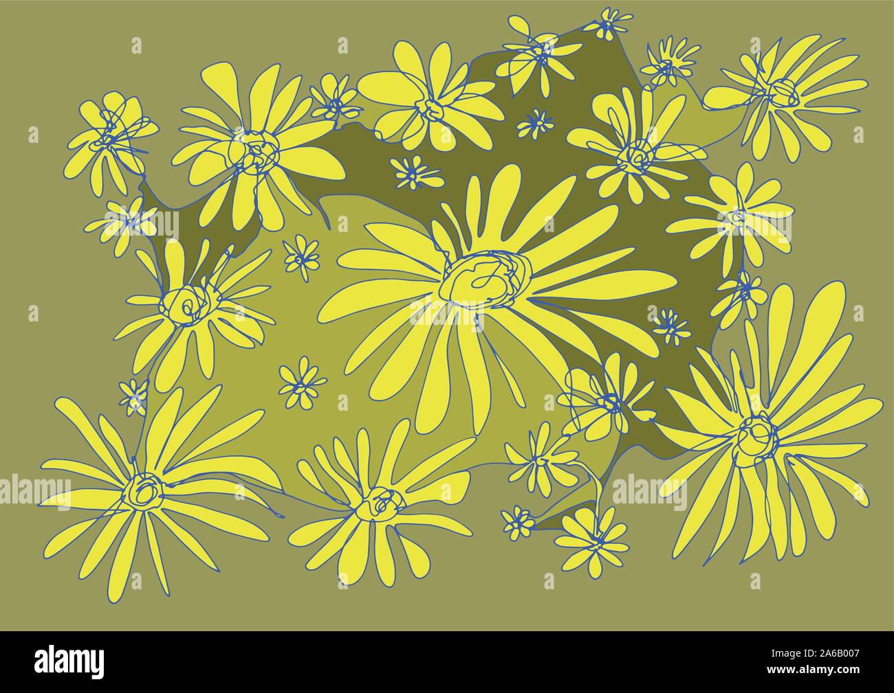 Kamillenblüten Wiese: Dekorative hand-Muster. Gelb mit Blau auf moosigen Hintergrund. Artwork können als Grußkarte, pattern benutzt werden... Stock Vektor
