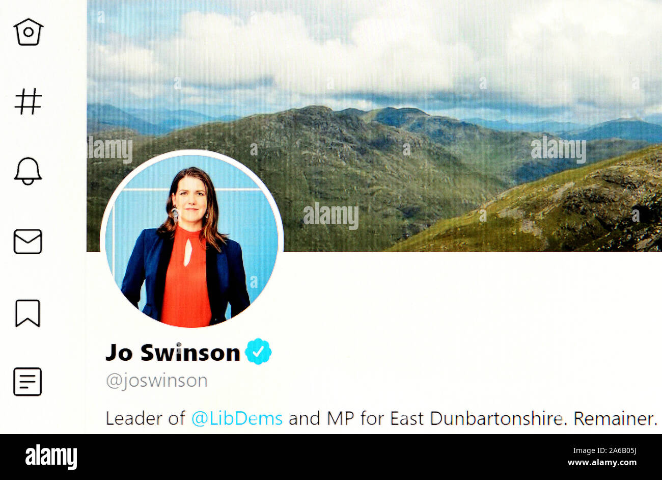 Twitter Seite (24.10.2019) Jo Swinson MP - Liberaldemokraten Stockfoto