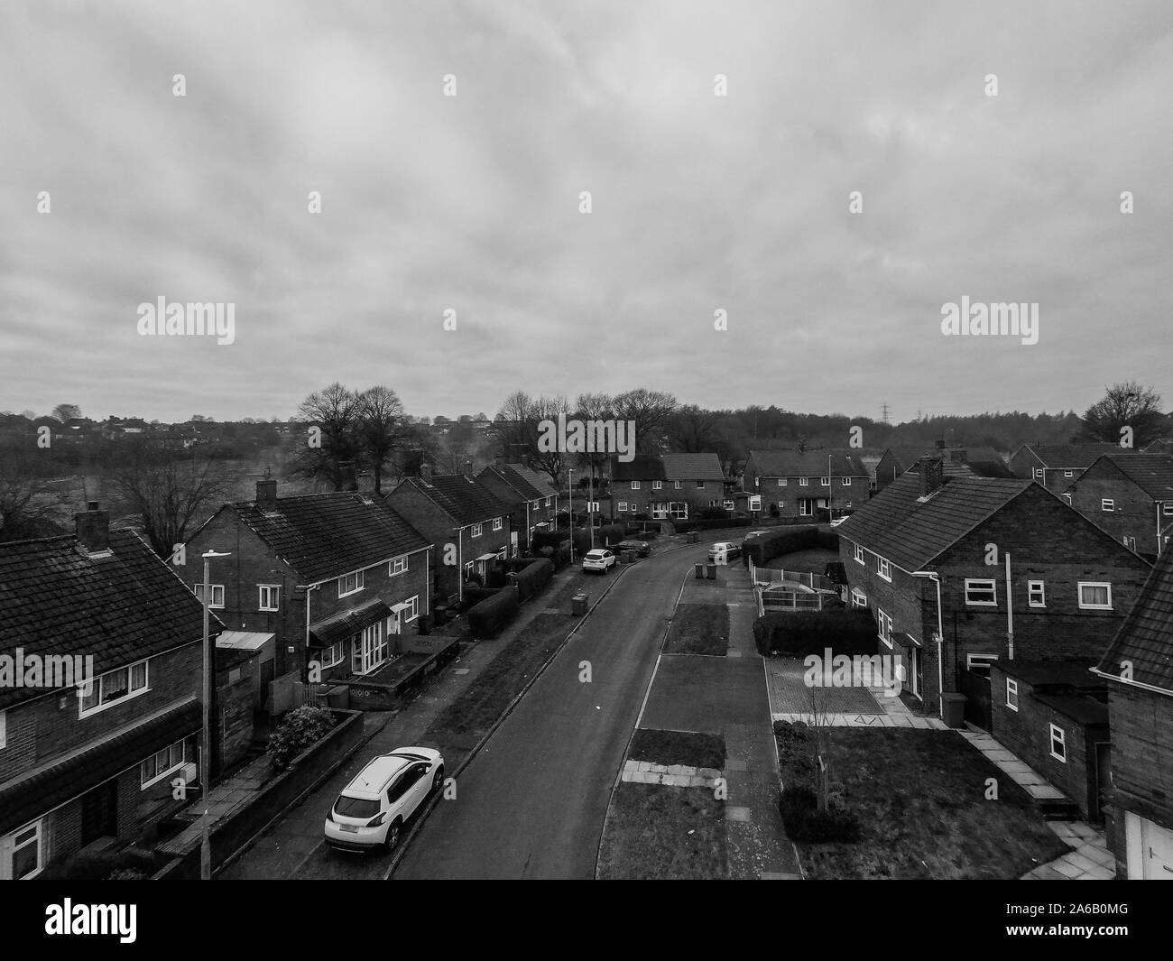 Luftaufnahme der Armut geplagten Gegend von Tunstall und Chell Heide in Stoke-on-Trent, Straßen nach der Reihenhäuser in städtischen Niedergang, schlechte Gegend Stockfoto