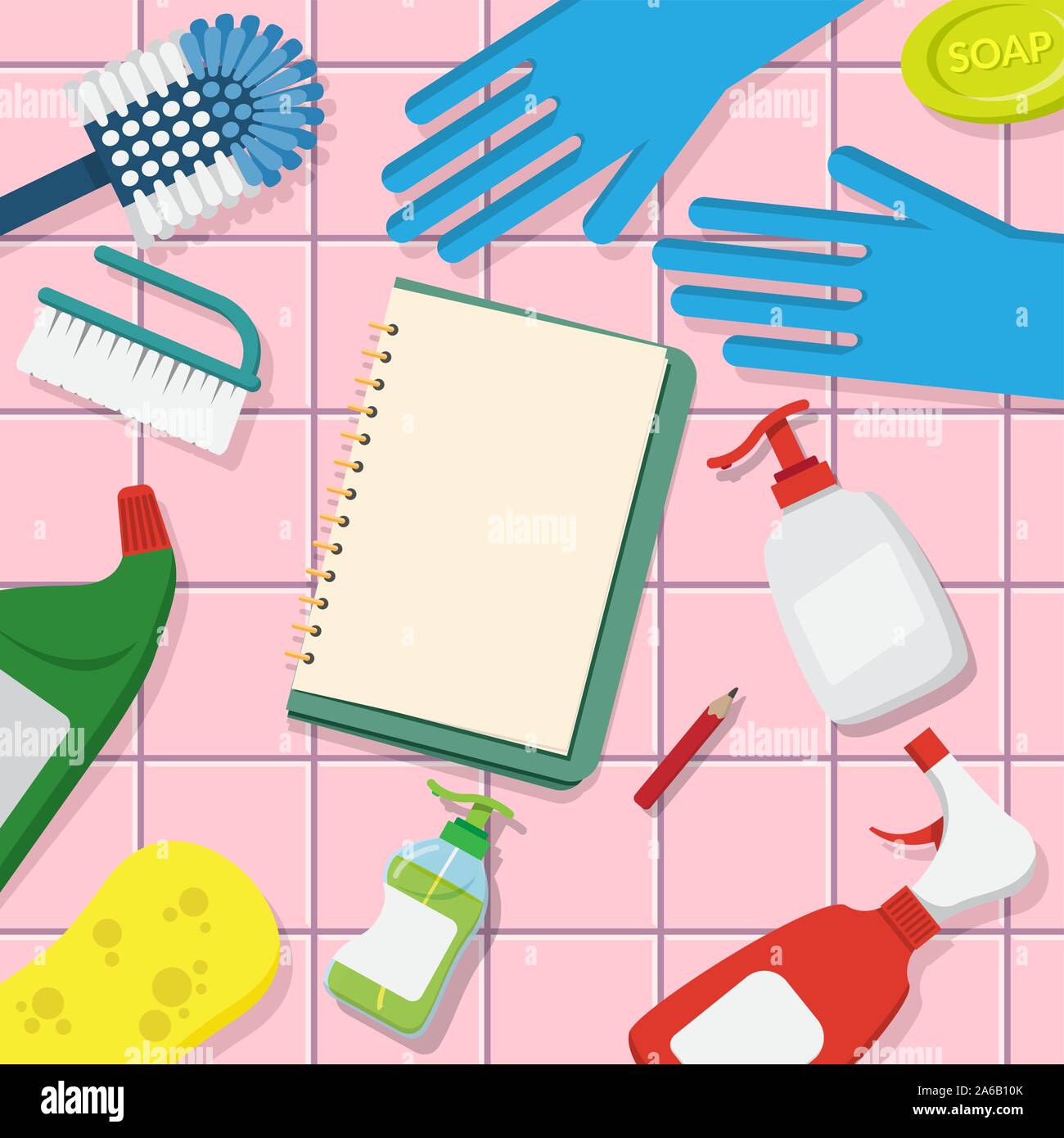 Vektor einrichten von Haushaltswaren Reinigungsmittel, Werkzeuge von Haus Reinigung auf Rosa tile Hintergrund mit leeren Seite offenes Buch für Kopie Raum Stock Vektor
