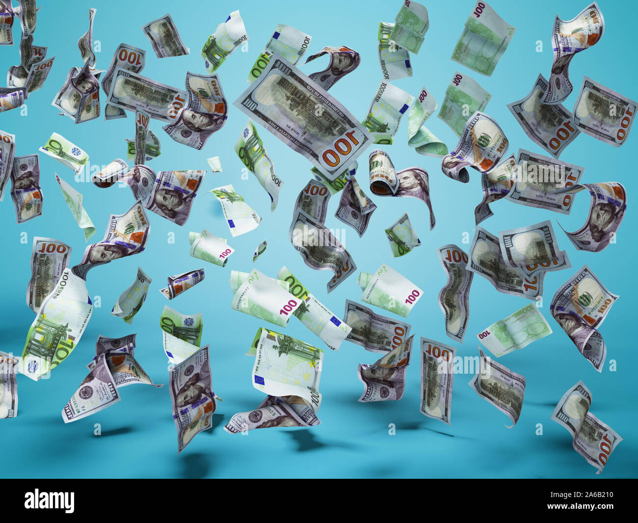Neue hundert Dollar und hundert Euro-Banknoten fallen auf dem Boden 3D-Render auf blauem Hintergrund mit Schatten Stockfoto