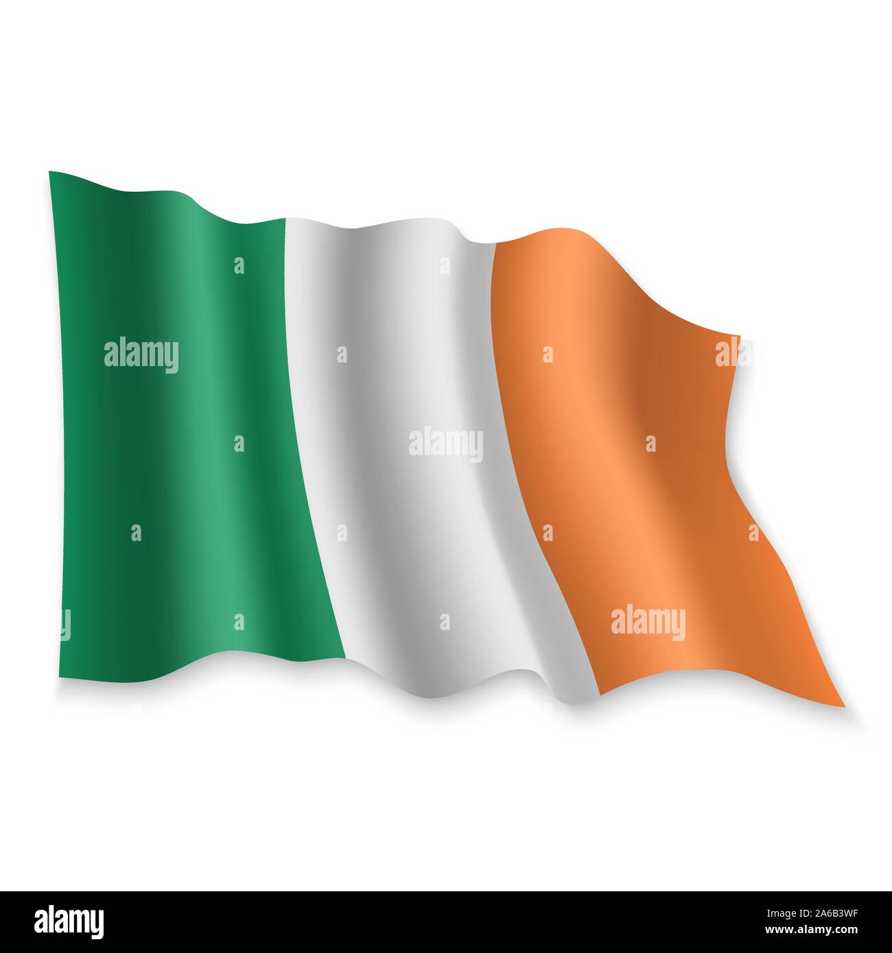 3D Realistische wehende Flagge von Irland auf weißem Hintergrund Stock Vektor