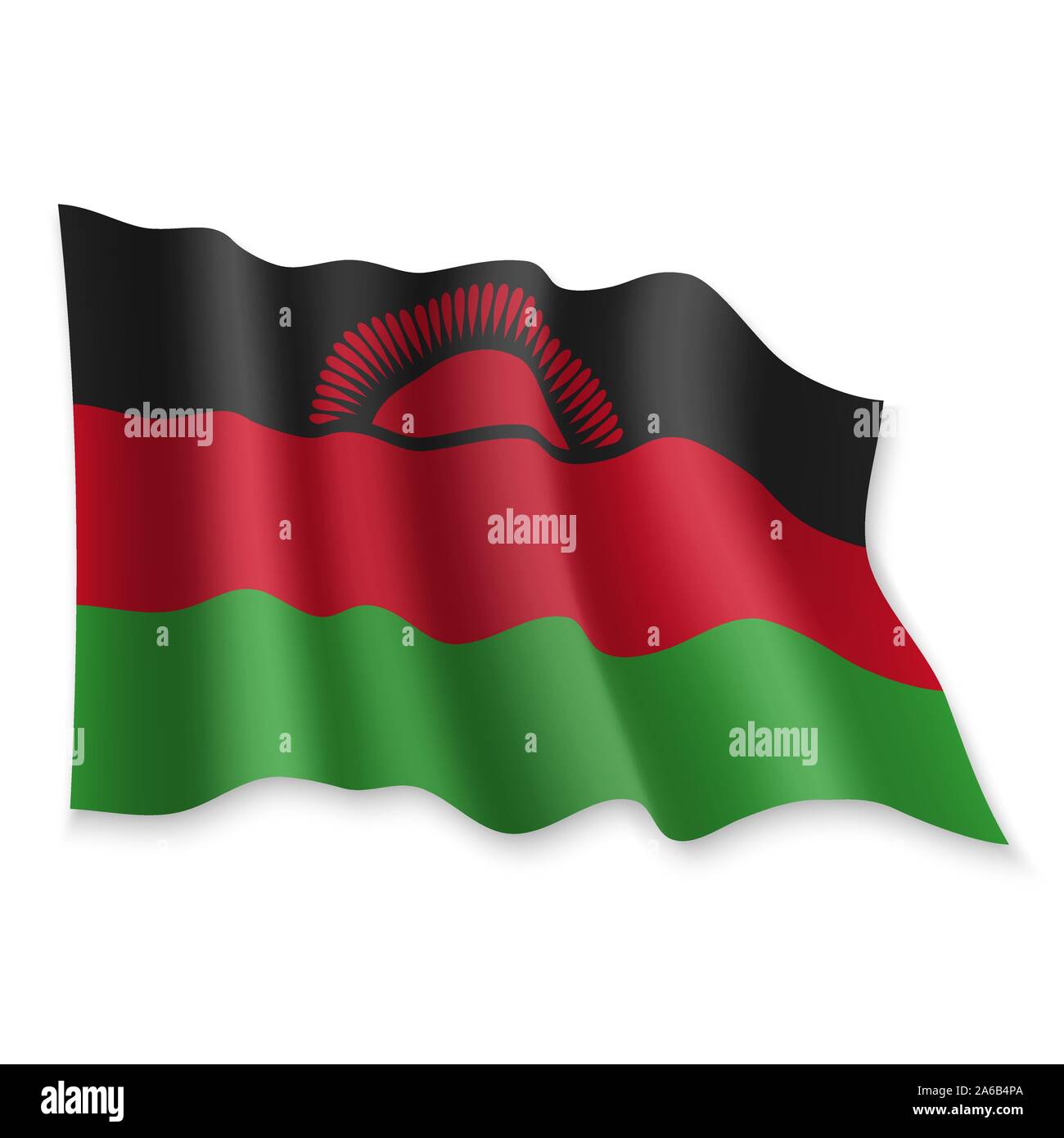 3D Realistische wehende Flagge von Malawi auf weißem Hintergrund Stock Vektor