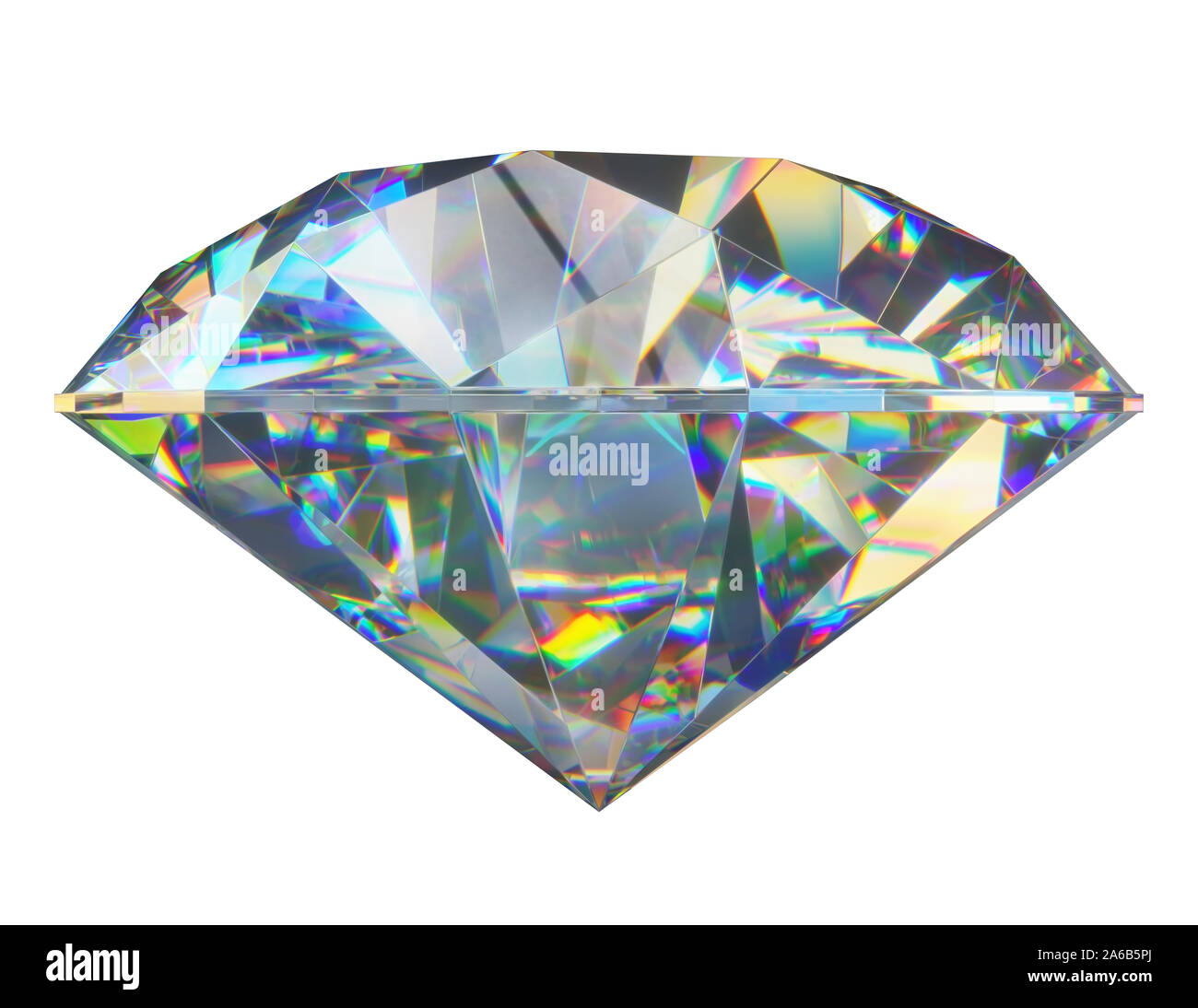 3D-Darstellung mit Freistellungspfad (Maske) eines geschliffenen Diamanten auf weißem Hintergrund. Konzept Bild von Reichtum und Luxus. Stockfoto