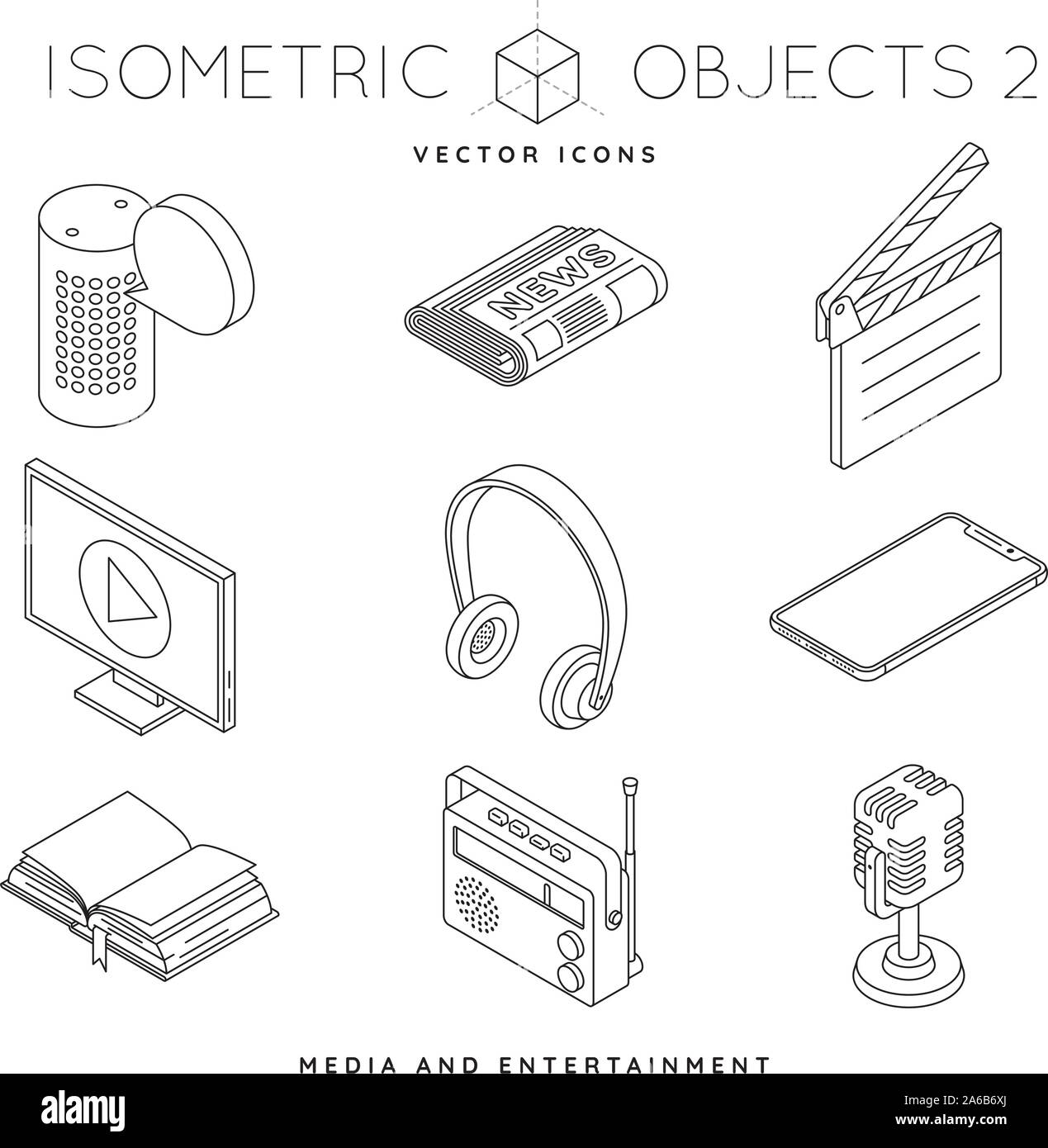 Sammlung von isometrischen Umrisse Ikonen der Medien und elektronische Geräte wie Smart Lautsprecher, Mikrofon, Radio oder Fernseher mit Flachbildschirm. Unterhaltung indu Stock Vektor