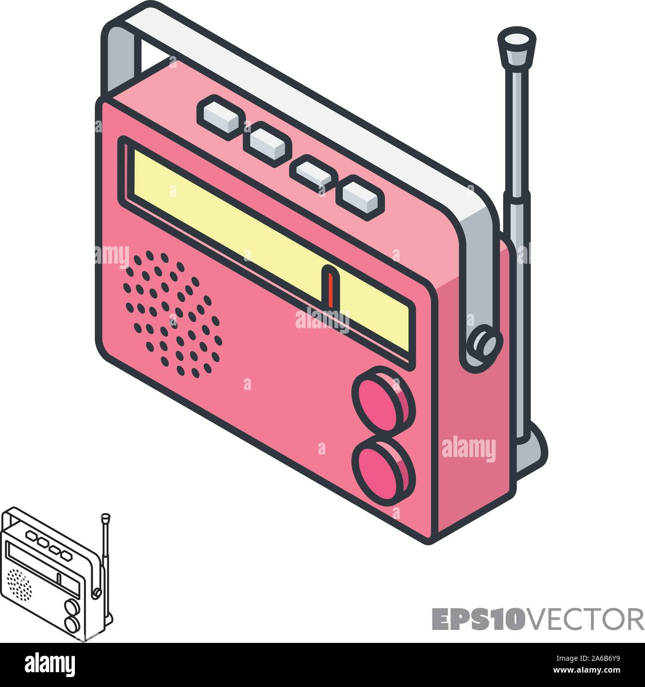 Tragbares Radio isometrische Symbol, Gliederung und gefüllte Audio Device Symbole. Musik und Rundfunk Konzept Vector Illustration. Stock Vektor