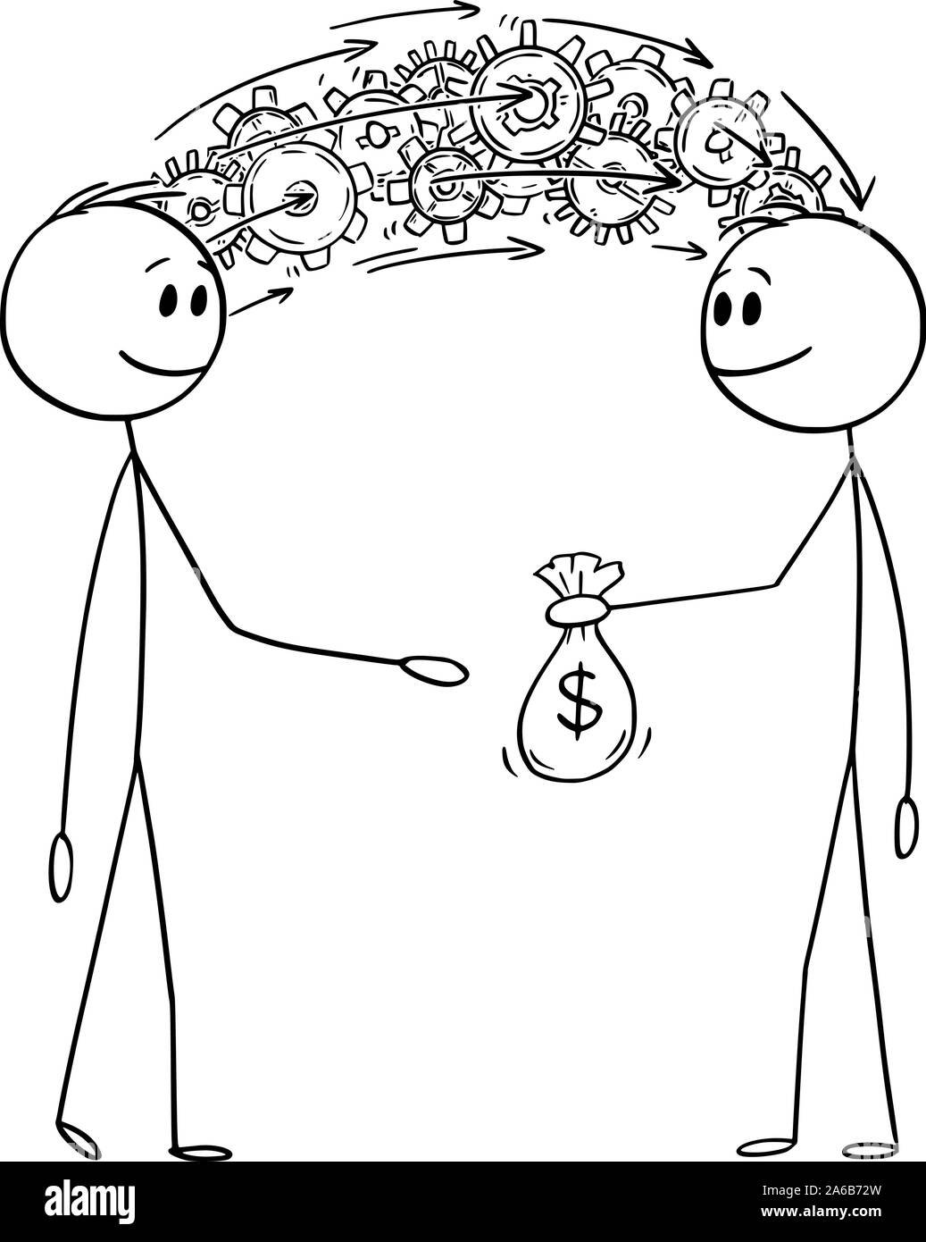 Vektor cartoon Strichmännchen Zeichnen konzeptionelle Darstellung der Mann oder Geschäftsmann seine Weitergabe von Wissen und Informationen für Geld. Stock Vektor