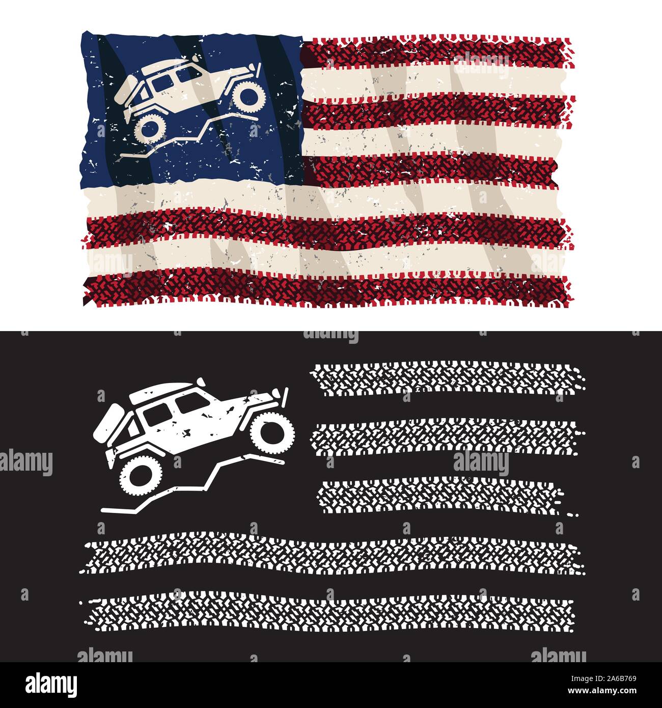 Amerikanische über Lander 4x4 Off-Road Adventure patriotischen Reifenprofil Flagge isoliert Vector Illustration Stock Vektor