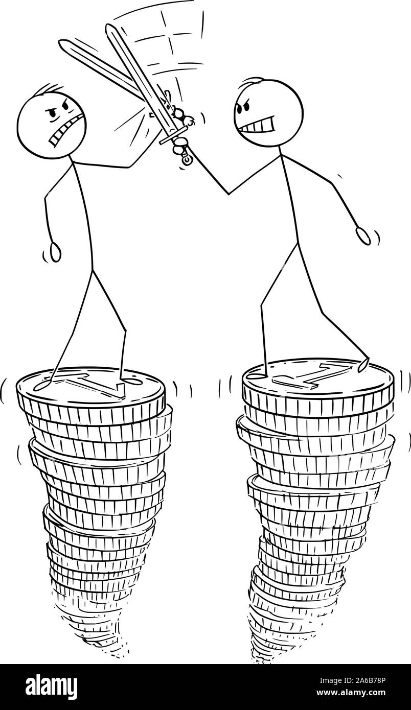 Vektor cartoon Strichmännchen Zeichnung konzeptuelle Abbildung von zwei Geschäftsmänner Kampf mit Schwertern oder Fechten auf Geld oder Münzen piles. Stock Vektor