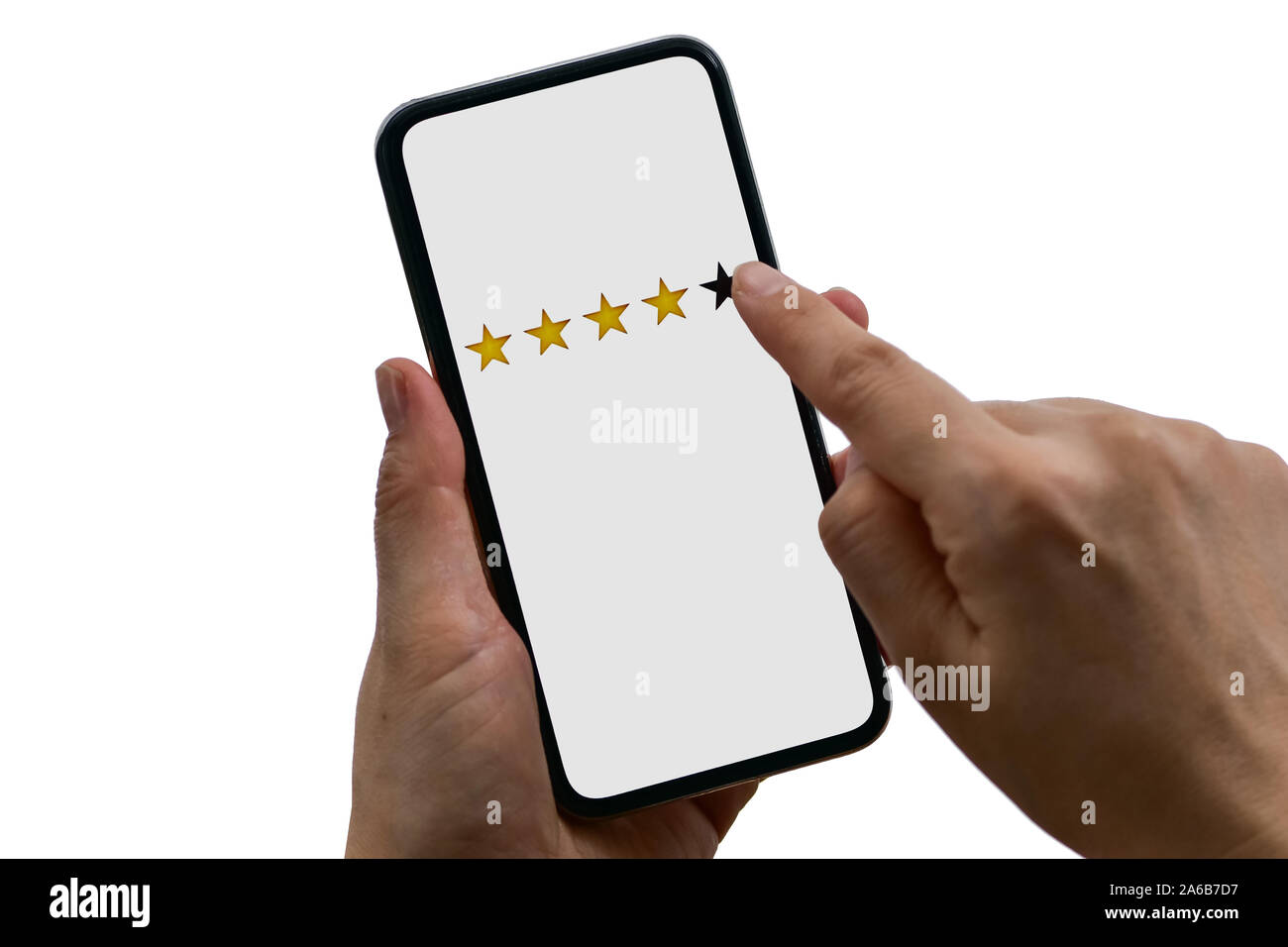 User rating Service wertet die mobile App oder auf der Website, auf weißem Hintergrund Stockfoto