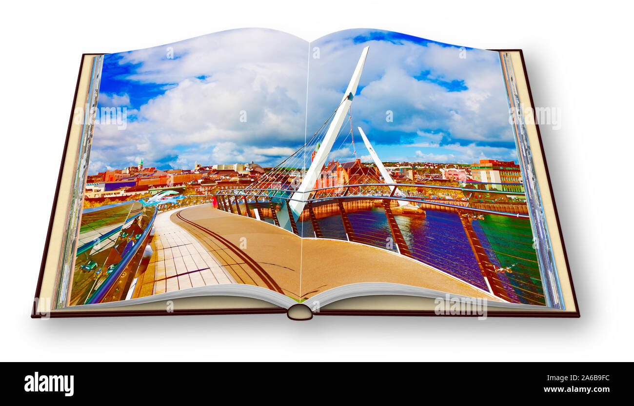Städtischen Skyline von Derry City (auch als Londonderry) mit dem 'Peace Bridge" (Europa - Nordirland) - 3D-Render Konzept Bild eines geöffneten Foto Stockfoto