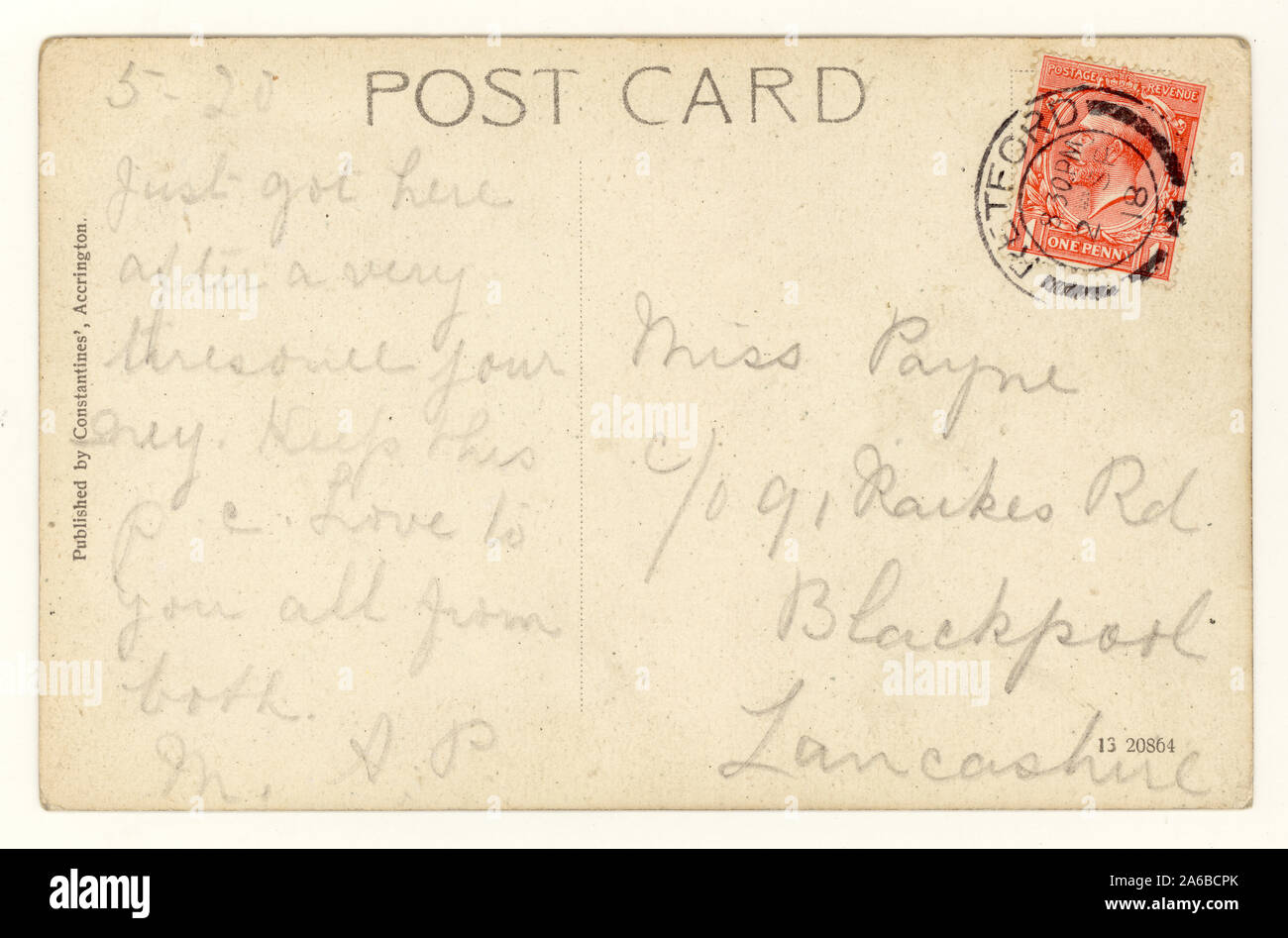 Umkehrbuchung von Anfang 1900 Postkarte September 1918, U.K veröffentlicht Stockfoto