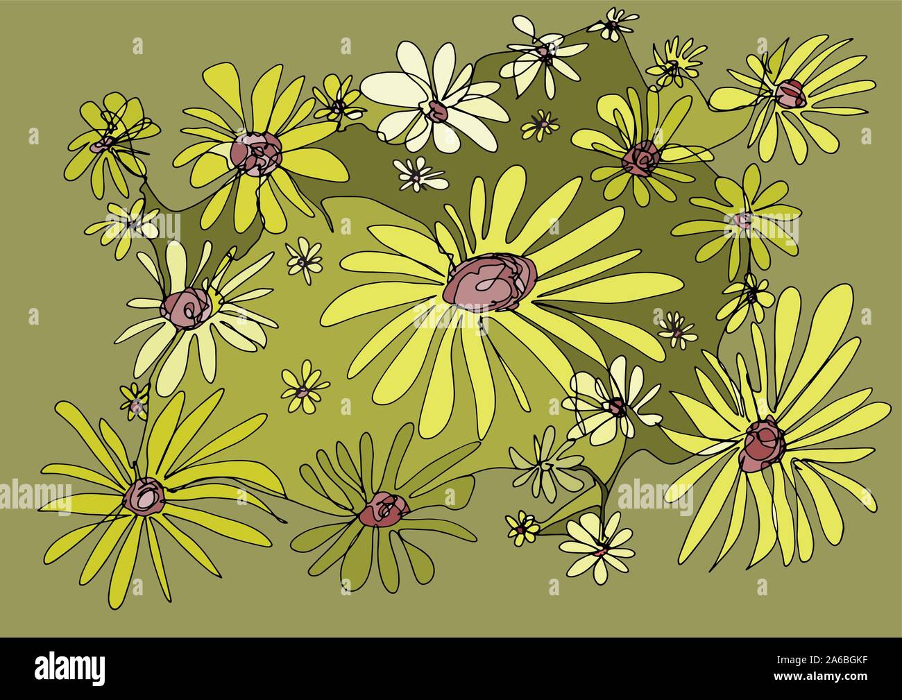 Gänseblümchen Wiese: Dekorative hand-Zeichnung. Gelb-weiße Blumen auf den moosigen Hintergrund. Abstrakte Kunstwerk kann als Grußkarte, Hintergrundbild verwendet werden... Stock Vektor