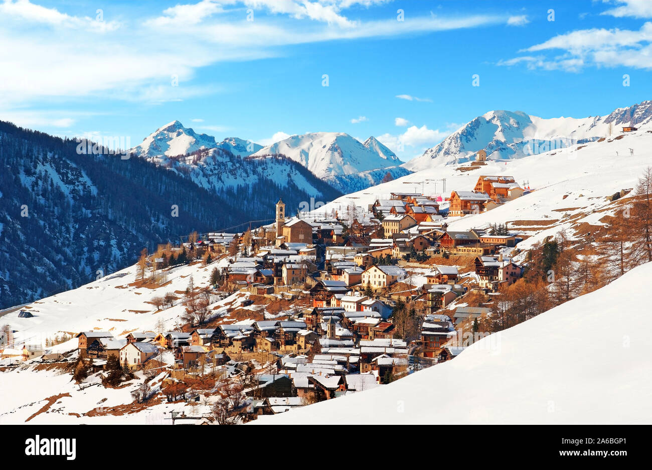 Das Dorf Saint-Véran schneereiche Winter. Stockfoto