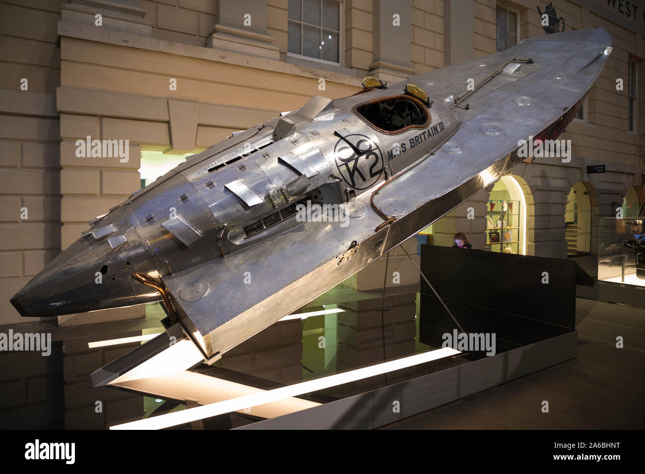 Miss Britain III/3.; berühmte 1920er Jahre 1930er Jahre alten Vintage sehr schnellen Welt rekordverdächtige Geschwindigkeit Boot auf Anzeige im National Maritime Museum, Greenwich, London. UK. (105) Stockfoto