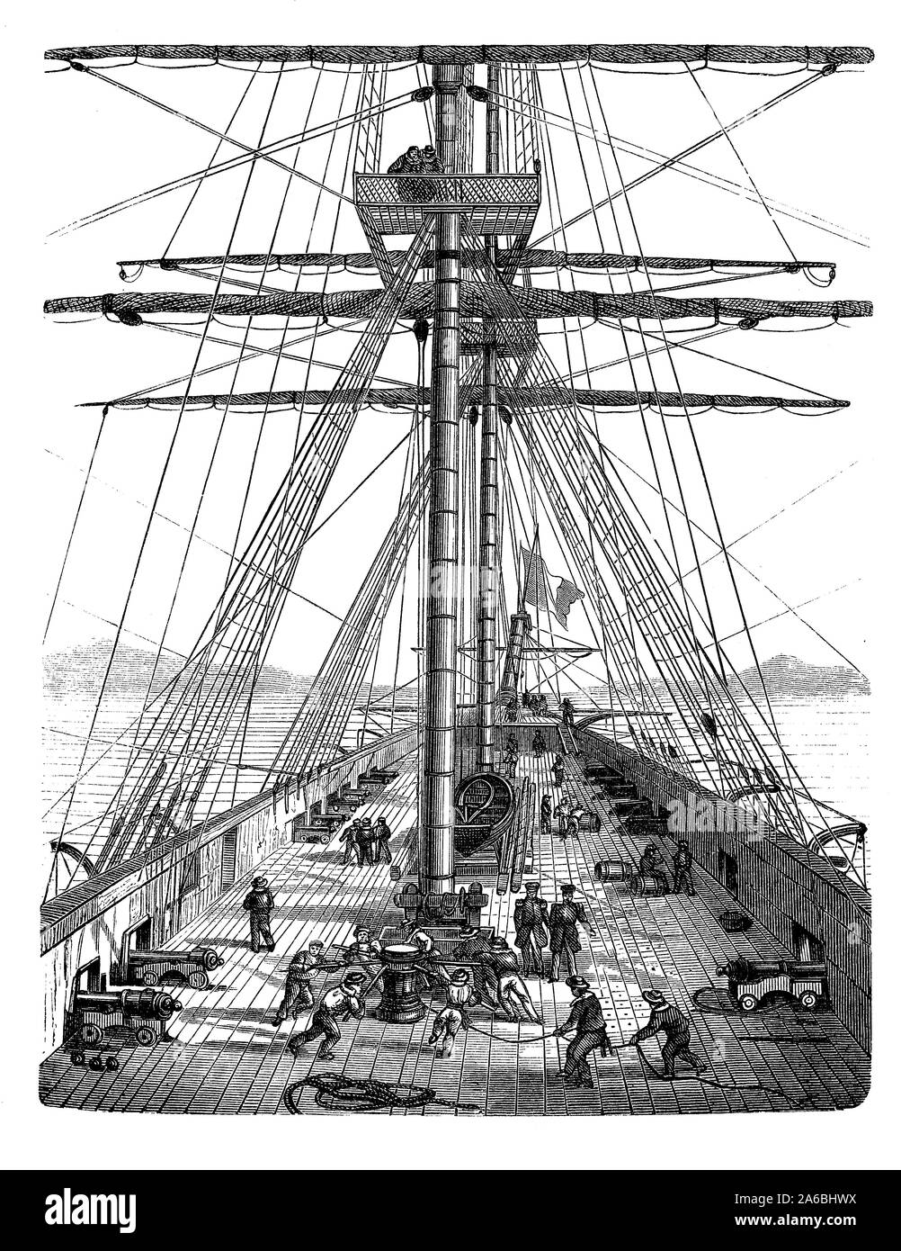 Big Man-of-War mit offenem Oberdeck mit Artillerie und Seeleute an der Winde Stockfoto