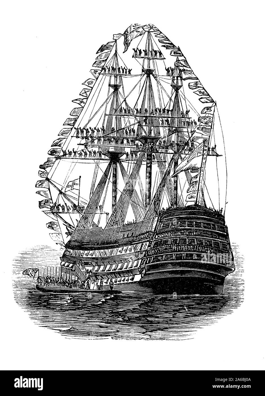 Kriegsschiff stark mit Dressing Linien von Flaggen und Matrosen in Parade bewaffneten Stockfoto