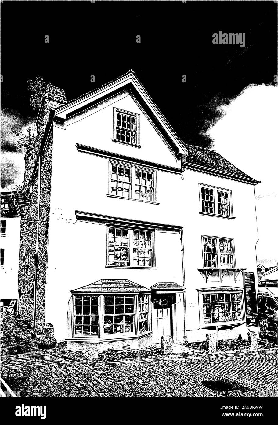 Foto Illustration: Island House; Pilger Eis; historisches Gebäude; Pilger Plakette; Mayflower 400 mit Foto Filter Stockfoto