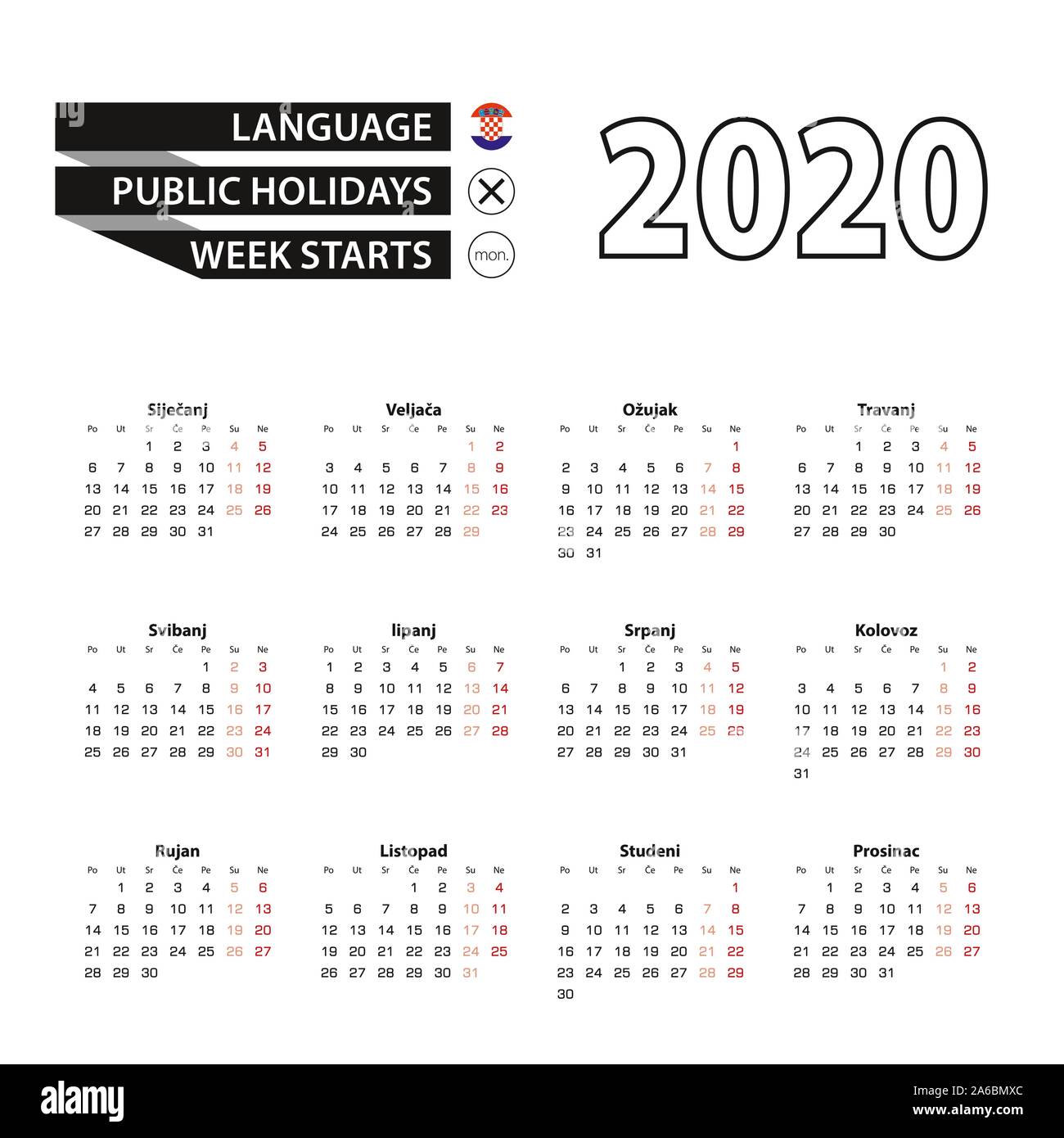 Kalender 2020 in kroatischer Sprache, Woche beginnt am Montag. Vektor Kalender 2020 Jahr. Stock Vektor