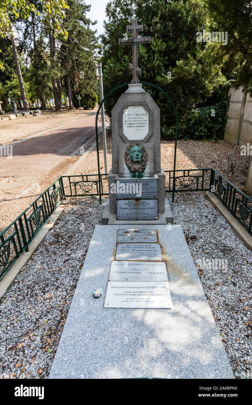Ein Grab von Professor Dimitri Riabouchinsky, ein russischer Wissenschaftler, in der Russssian orthodoxen Friedhof von Sainte-Genevieve-des-Bois, Frankreich Stockfoto