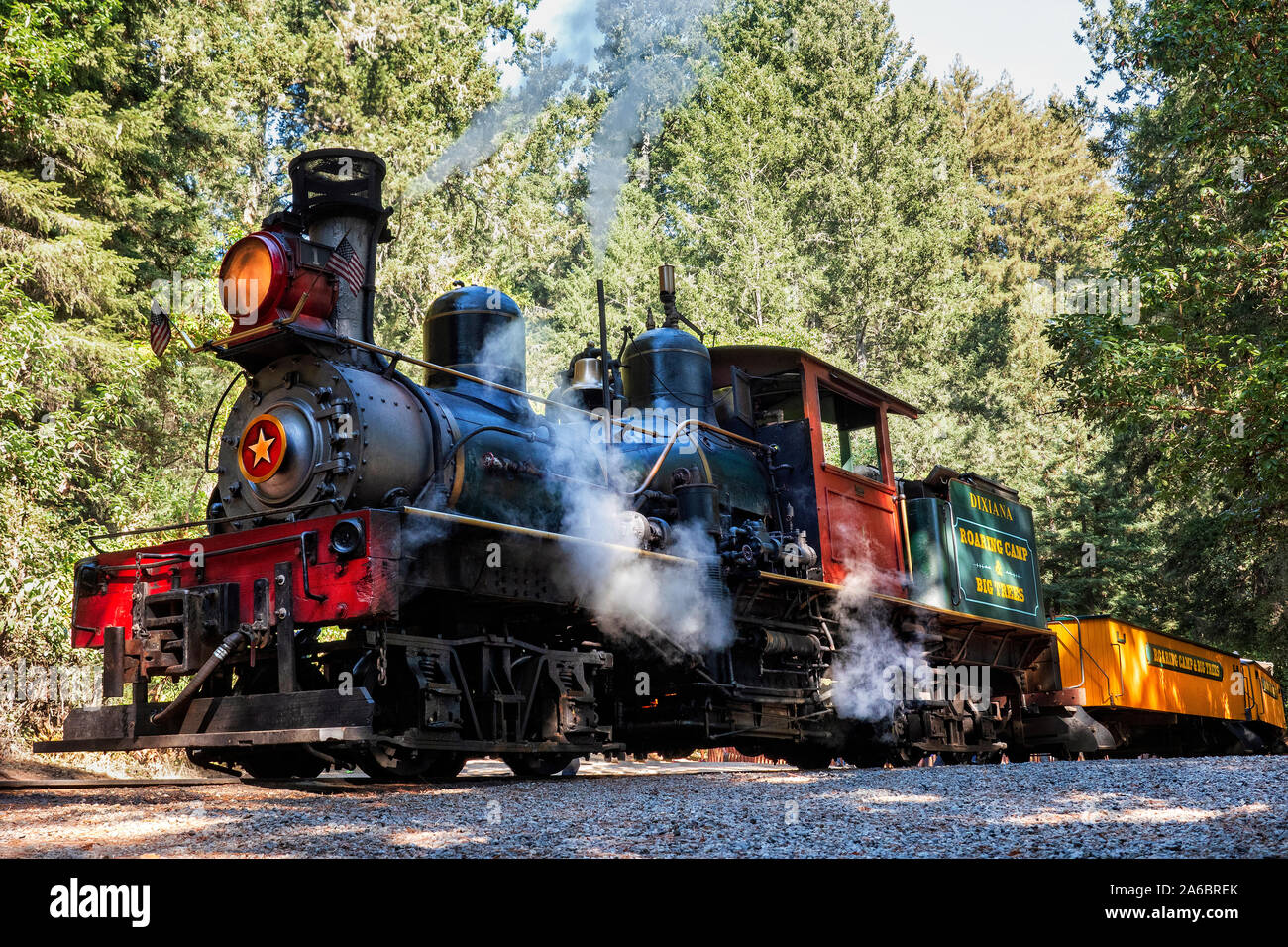 Lokomotive der Roaring Camp & große Bäume railroad ay Bear Camp Santa Cruz, Kalifornien, USA Stockfoto