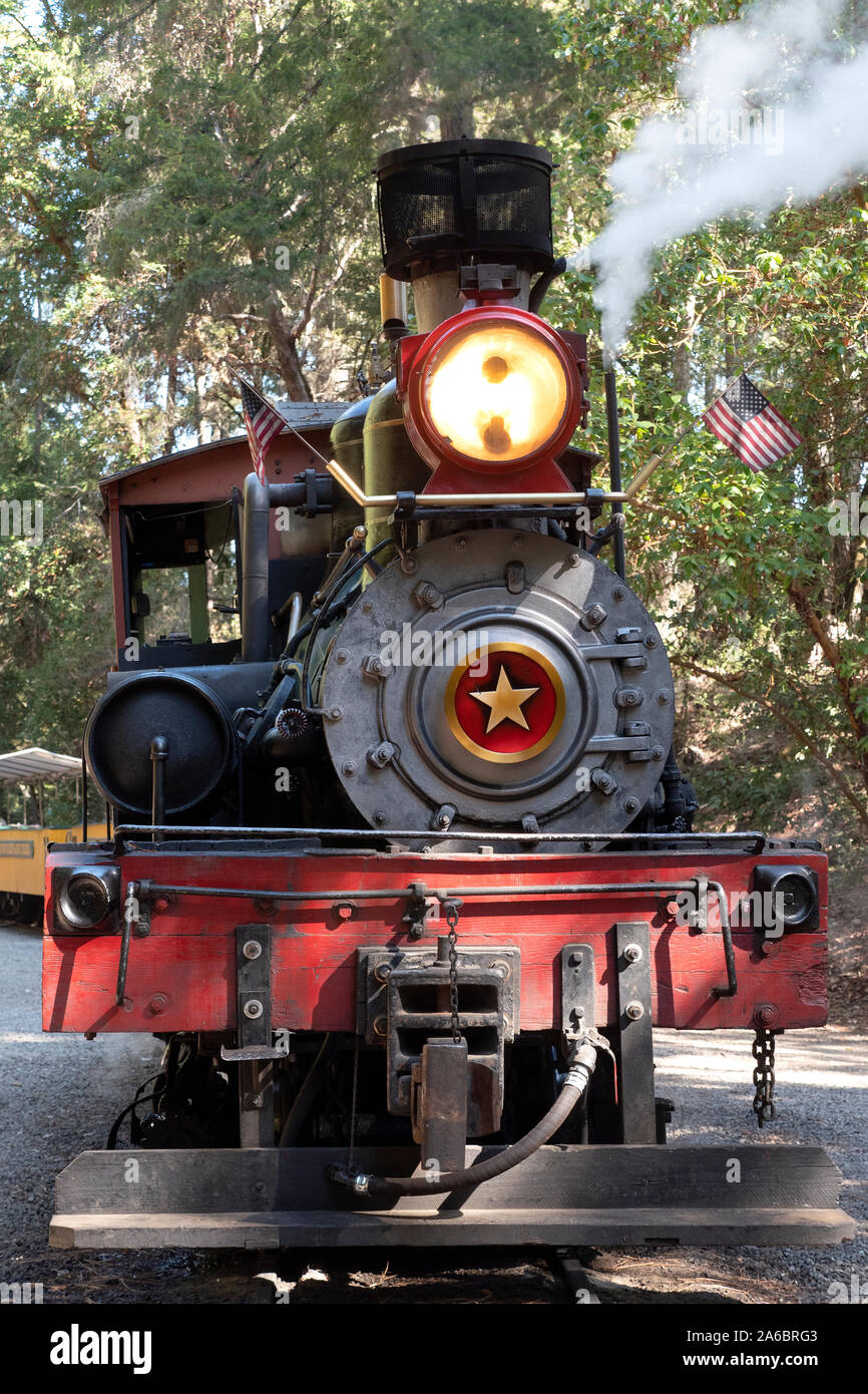 Lokomotive der Roaring Camp & große Bäume railroad ay Bear Camp Santa Cruz, Kalifornien, USA Stockfoto