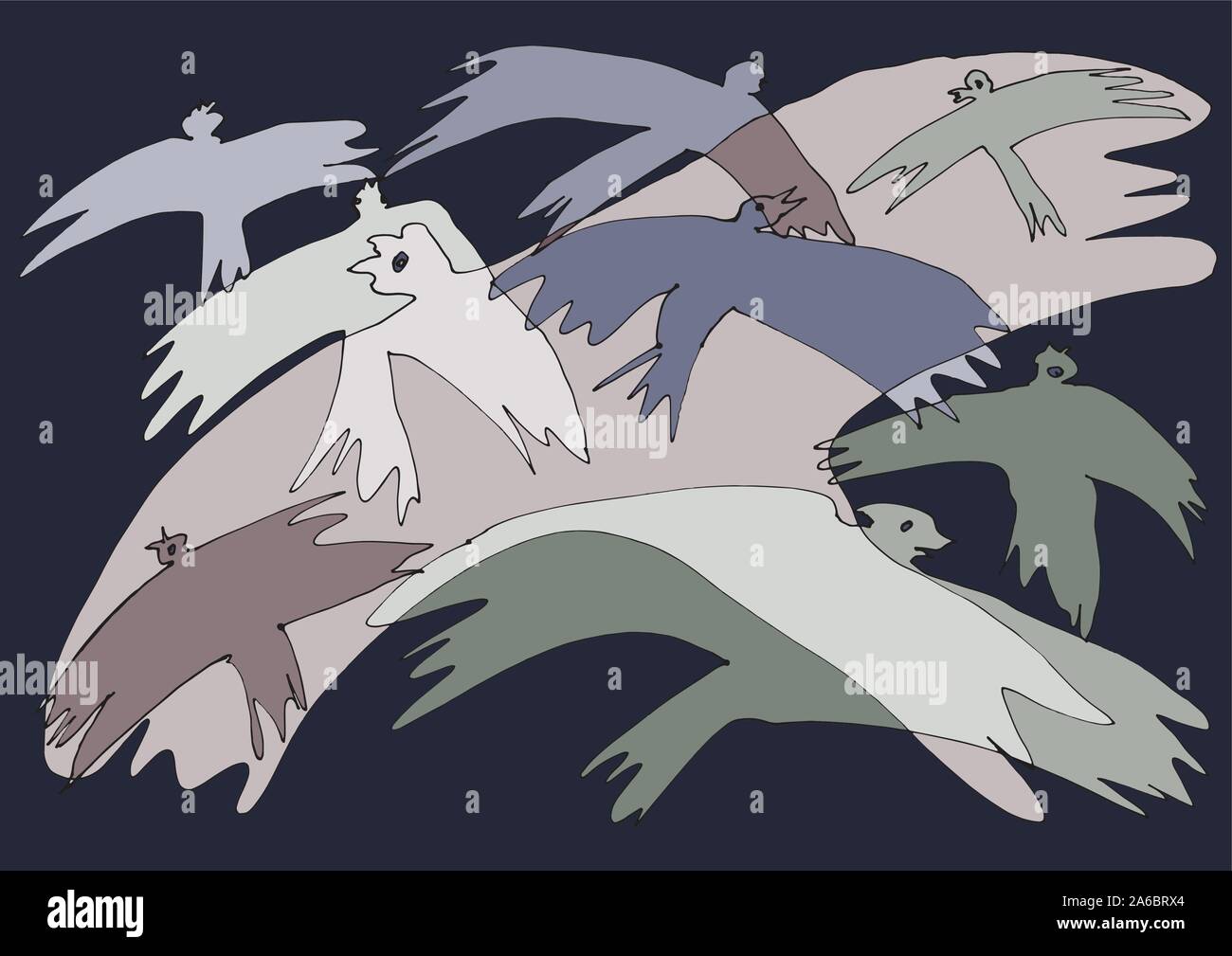 Mäßig farbige Zeichnung der charmante verflochten Krähen. Dekoratives Kunstwerk kann als Grußkarte, Hintergrund, dekorative Stoff Muster verwendet werden. Stock Vektor